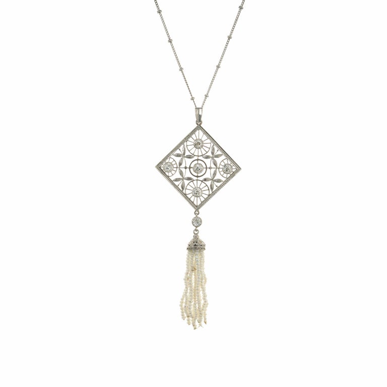 Diamond Pearl Tassel Victorian Platinum Pendant Necklace For Sale at ...