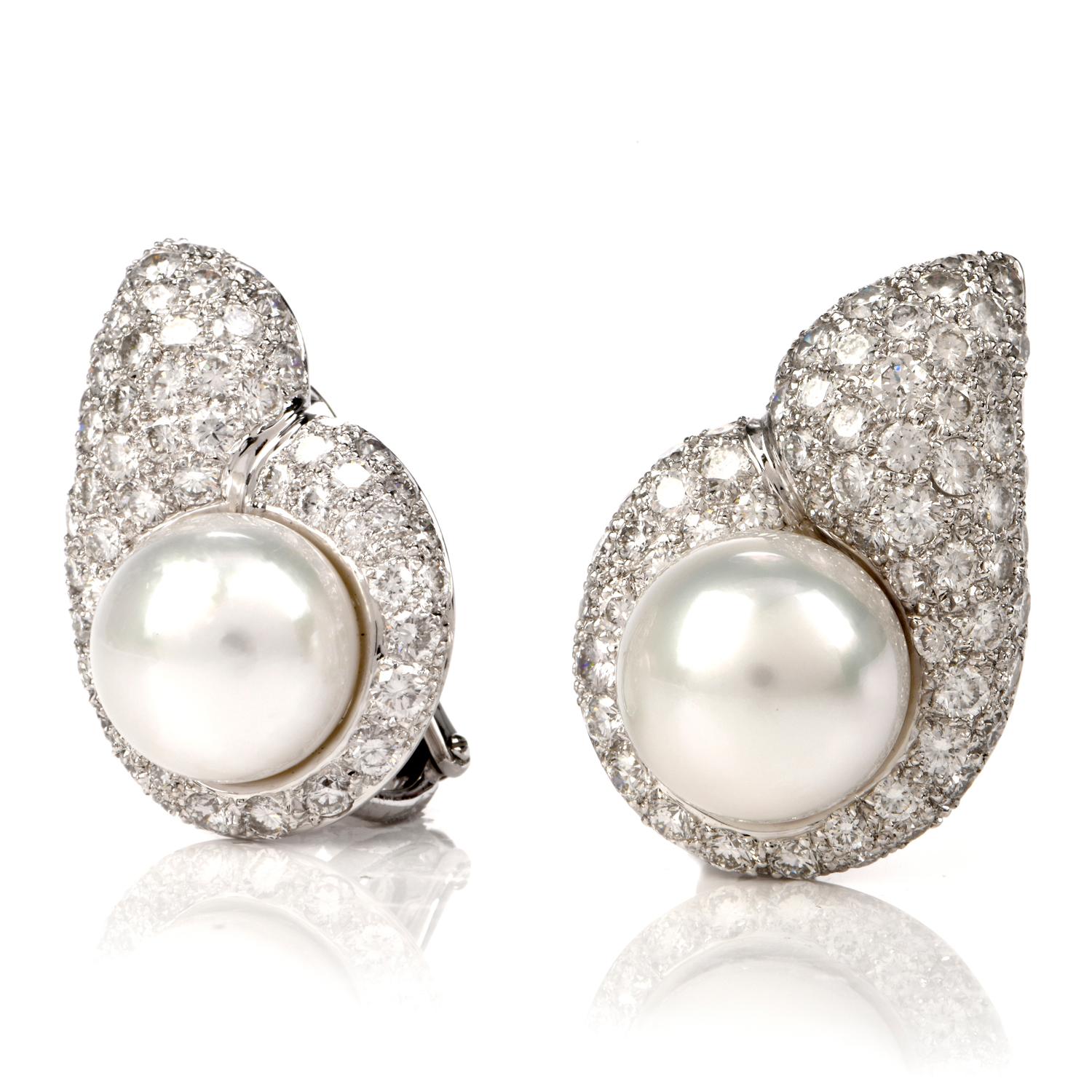 Women's Diamond Pearl Tear Drop Clip-On 18 Karat White Gold Earrings