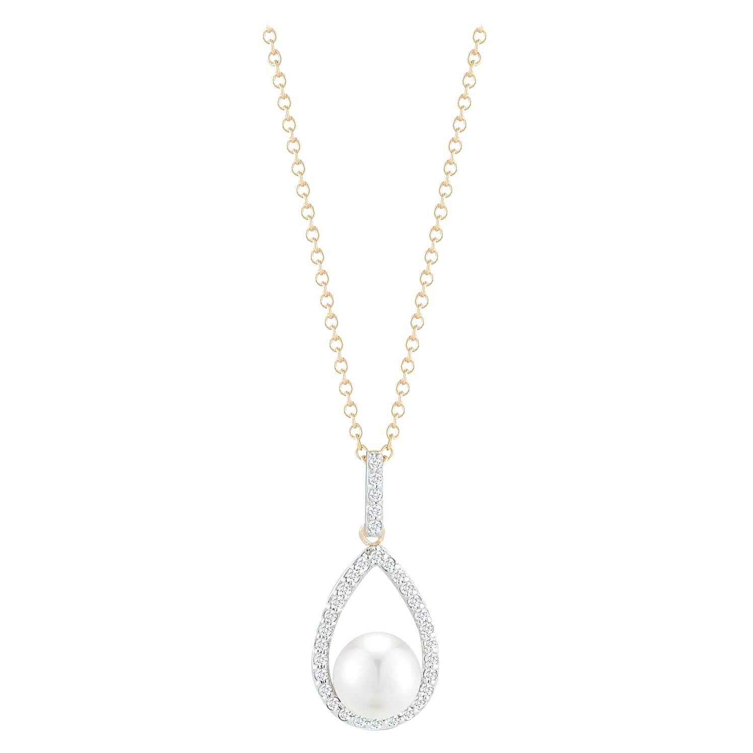 Diamond Pearl Tear Drop Necklace For Sale