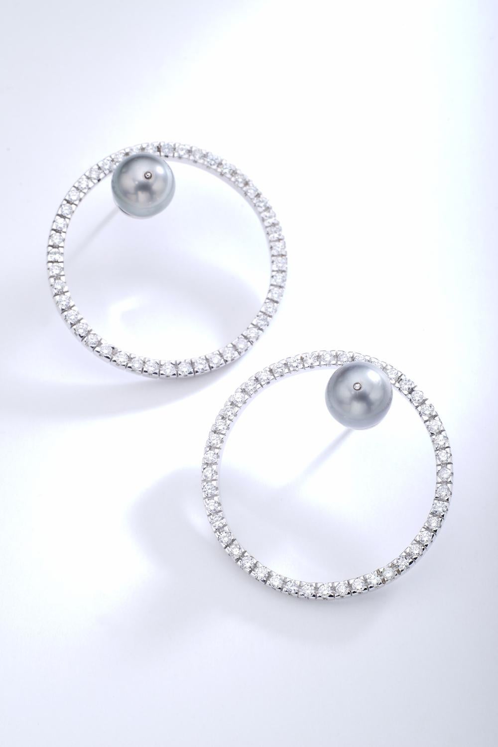 Contemporary Diamond Pearl White Gold Earrings For Sale