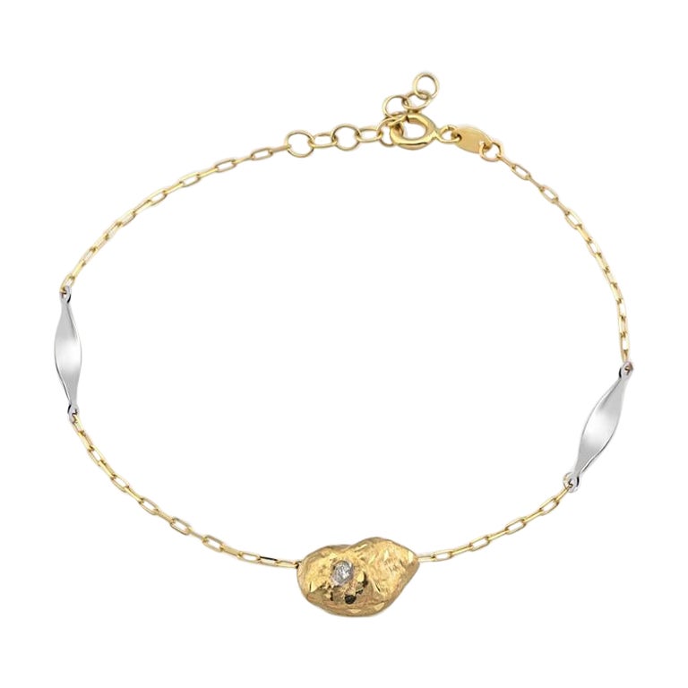 Diamond Pebble Bracelet 5"+1" in 14K Solid Yellow Gold For Sale