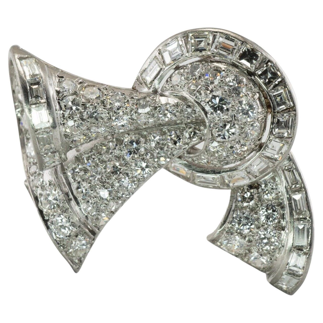 Diamond Pendant Brooch Platinum Vintage Bow 3.50cts For Sale