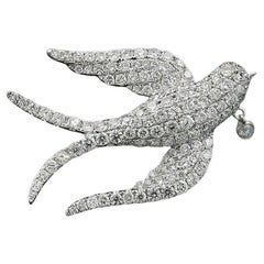 Diamond Pendant / Brooch Swallow with miniature pendant 18 Karat White Gold