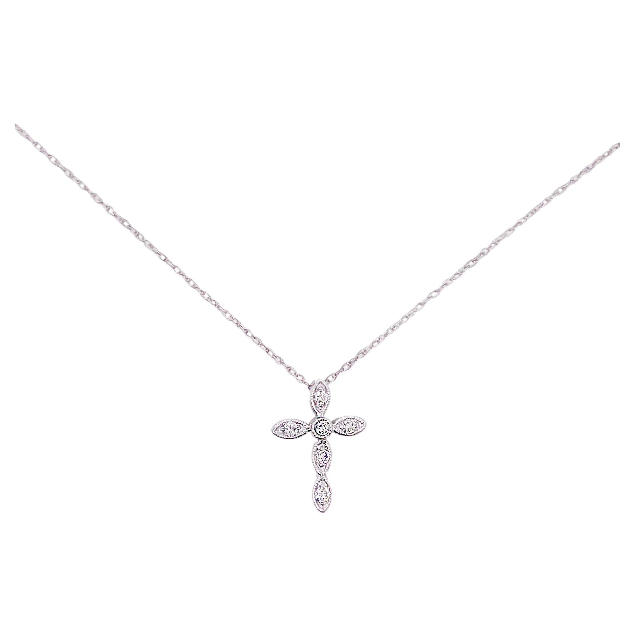 Diamond Pendant Cross Necklace, 14K White Gold Dainty 1/10ct Diamond Cross  Slide