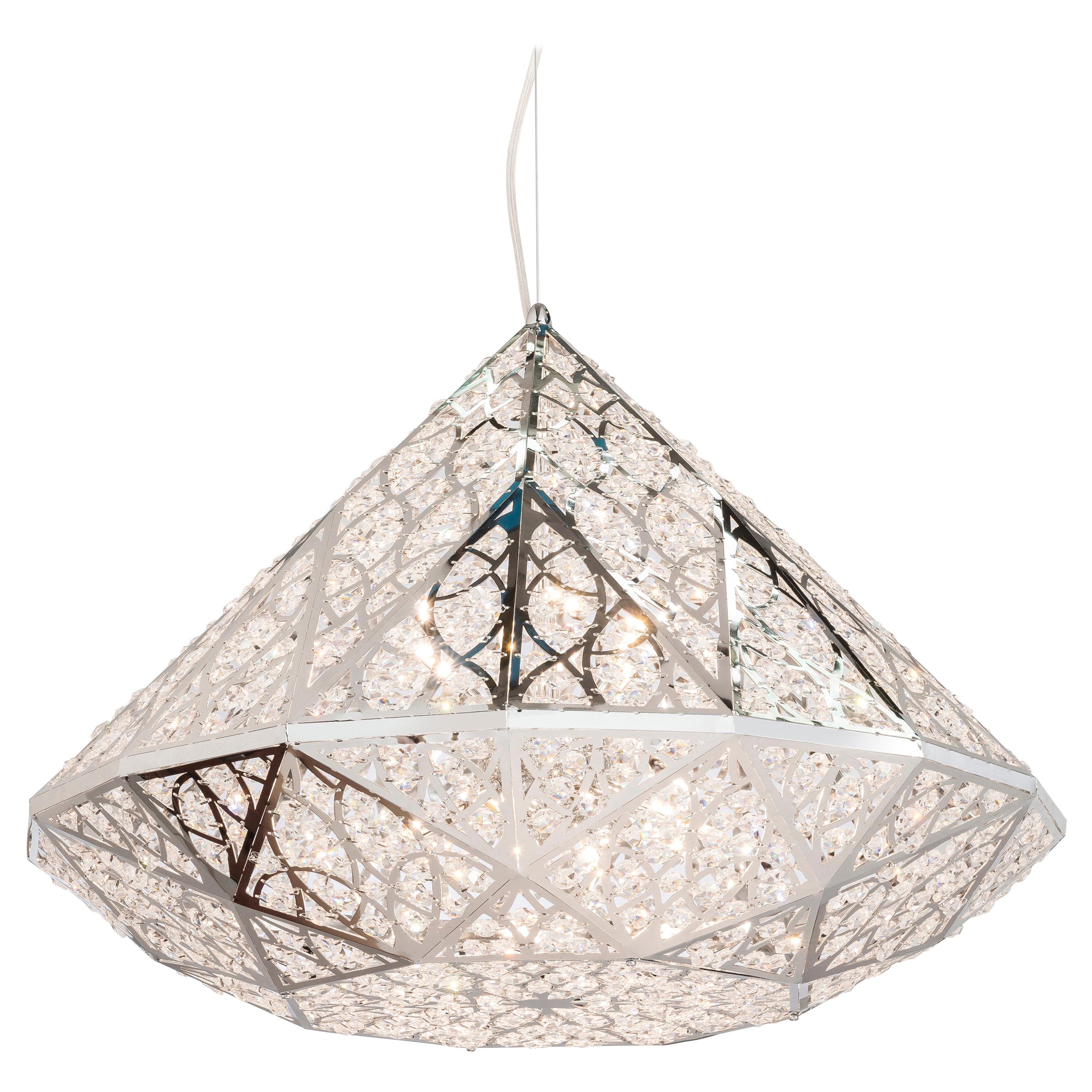 Diamant-Anhängerlampe mit Diamanten, groß, verchromte Oberfläche, Arabesque-Stil, Italien