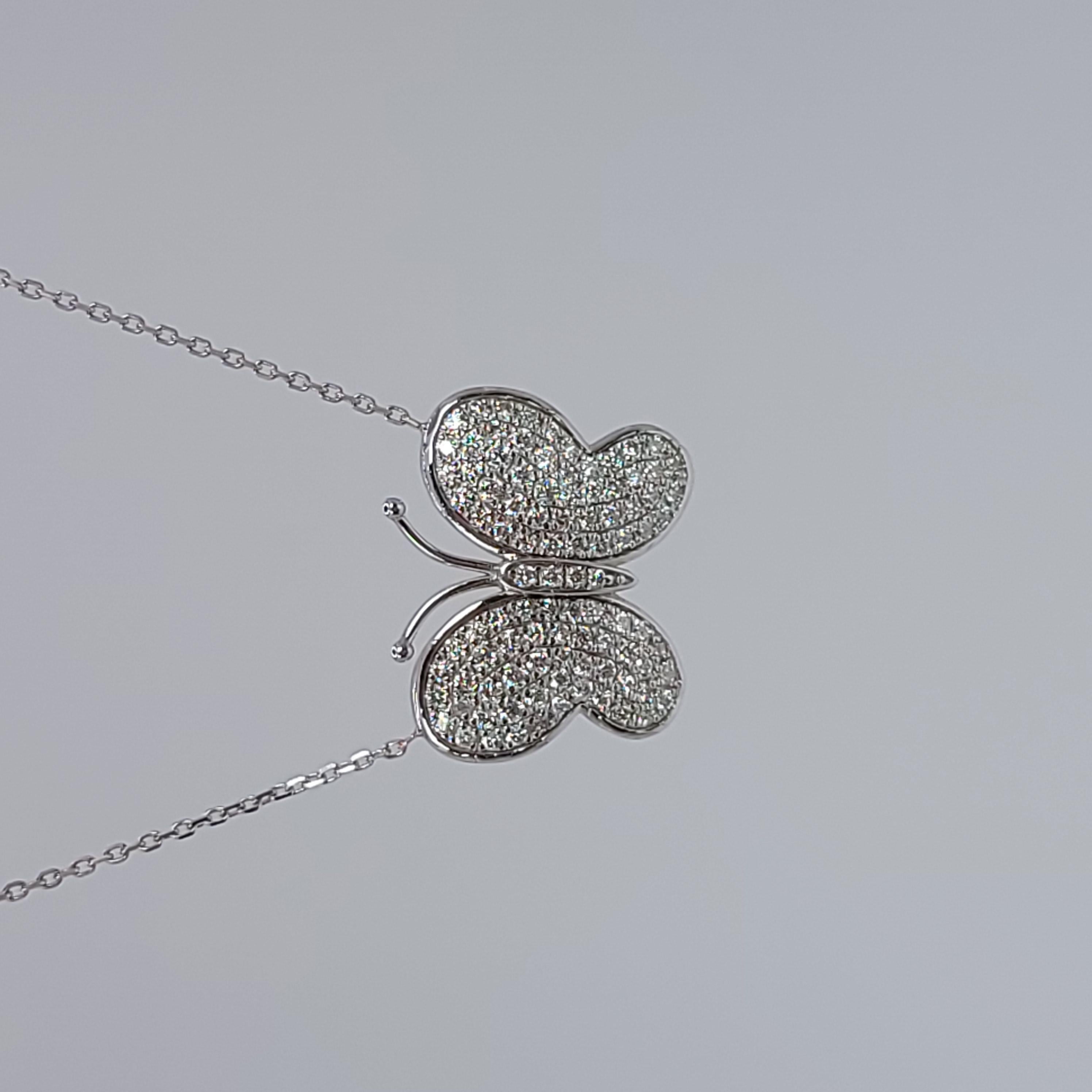 Butterfly necklace with natural diamonds in 14KT white gold made with 1ct of diamonds.

GRAM WEIGHT: 4.47gr
GOLD: 14KT white gold
NECKLACE chain-18