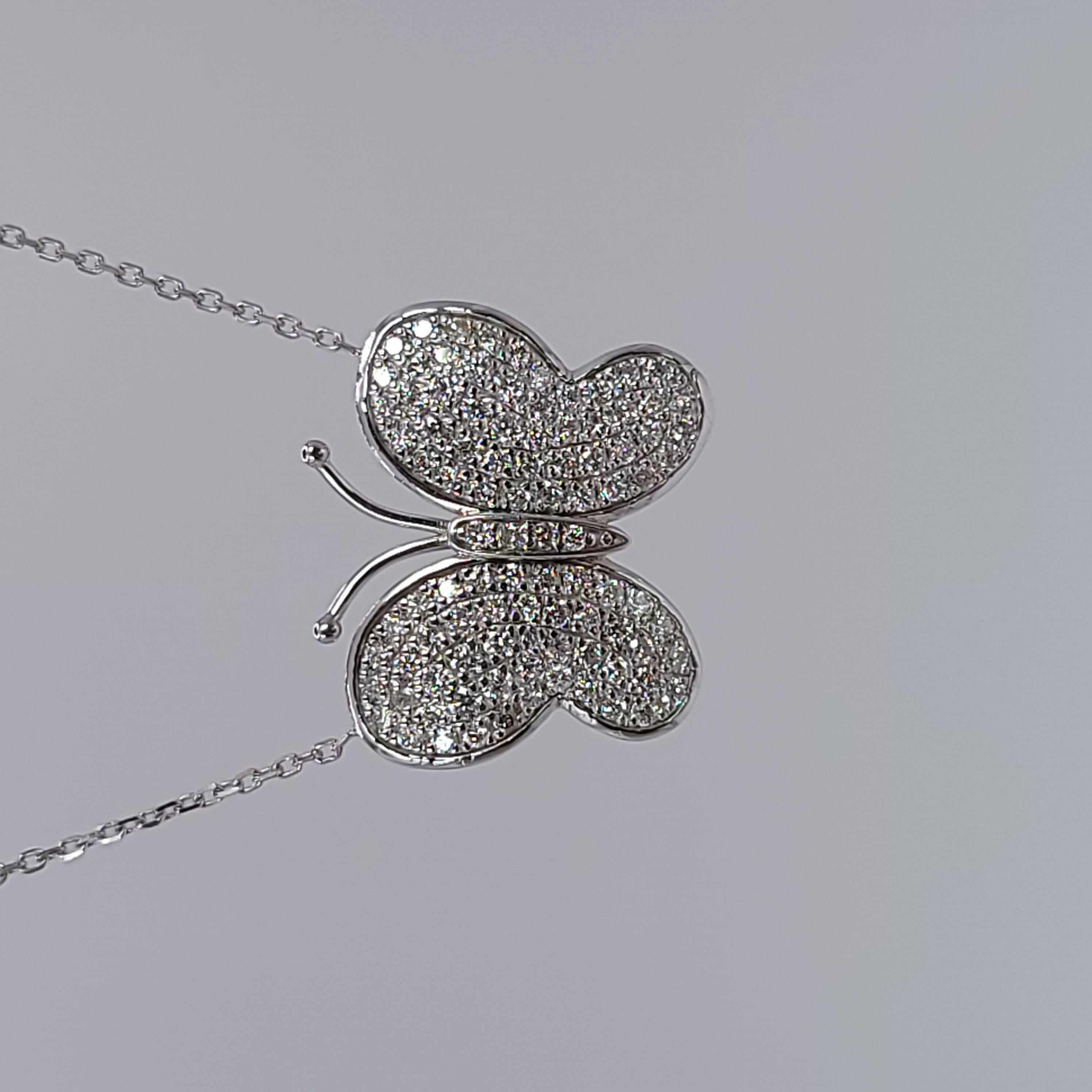 Moderne Collier pendentif diamant papillon 1ct collier 14KT or blanc en vente