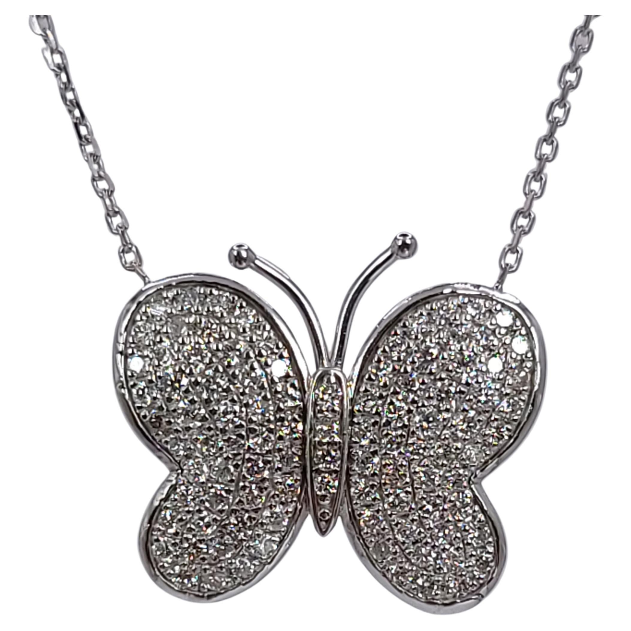 Diamond Pendant Necklace Butterfly 1ct Necklace 14kt White Gold For Sale