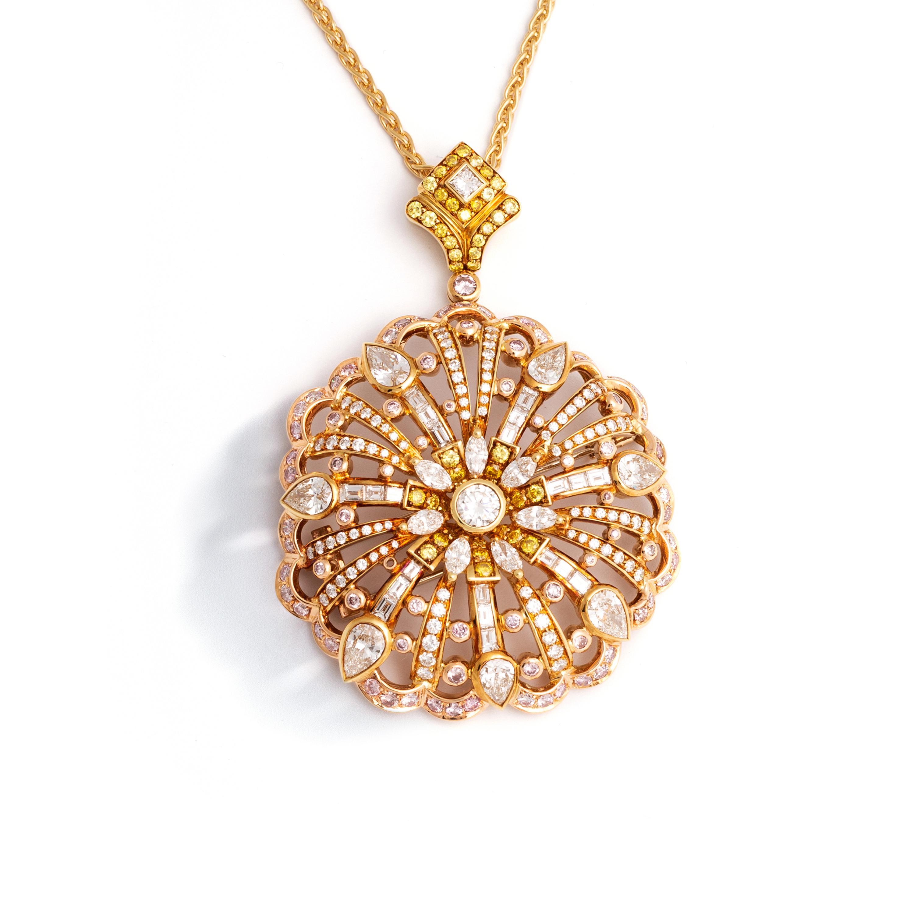 Round Cut Diamond Pendant Necklace Convertible Brooch For Sale