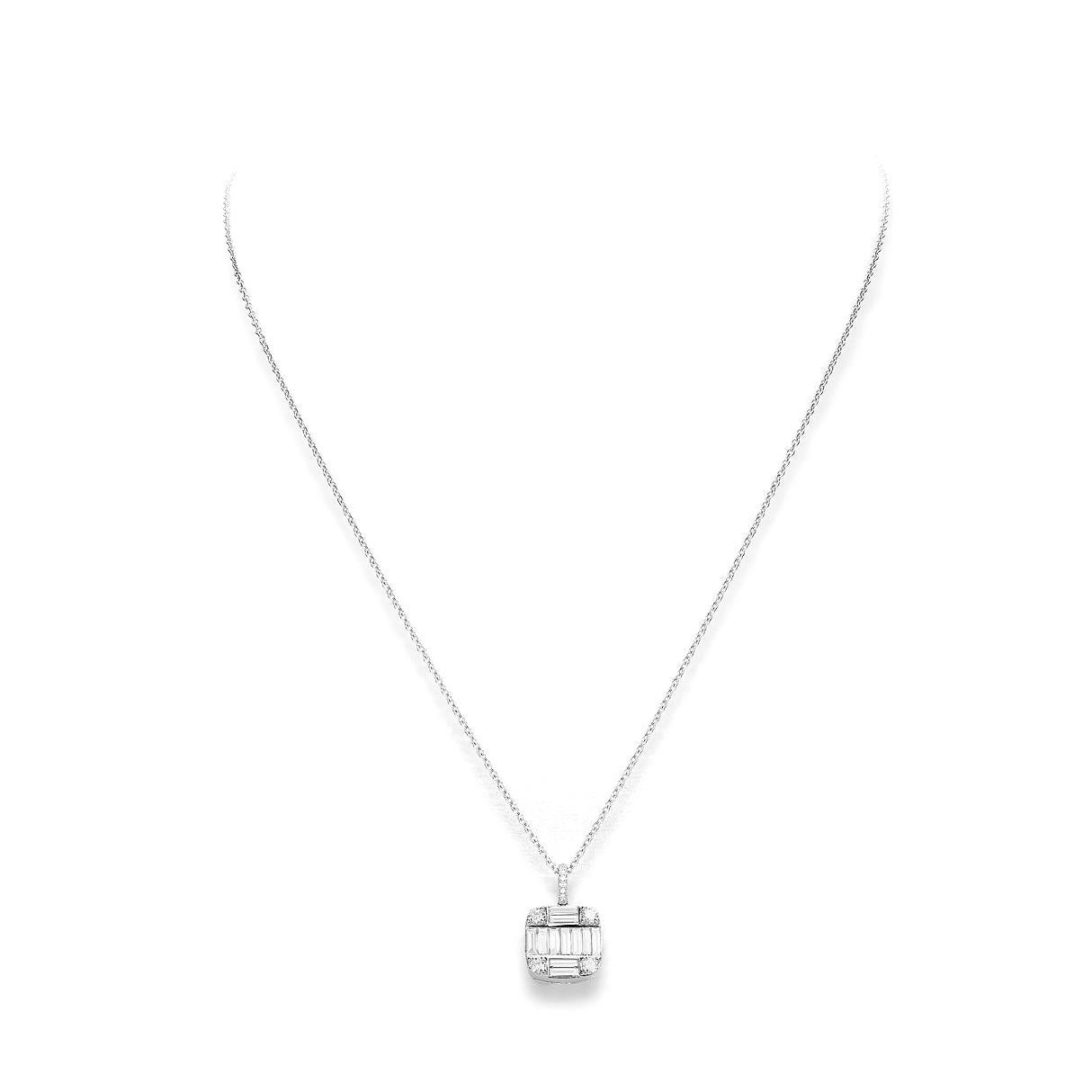 Pendant in 18kt white gold set with 12 diamonds 0.29 cts and 11 baguette cut diamonds 0.86 cts 