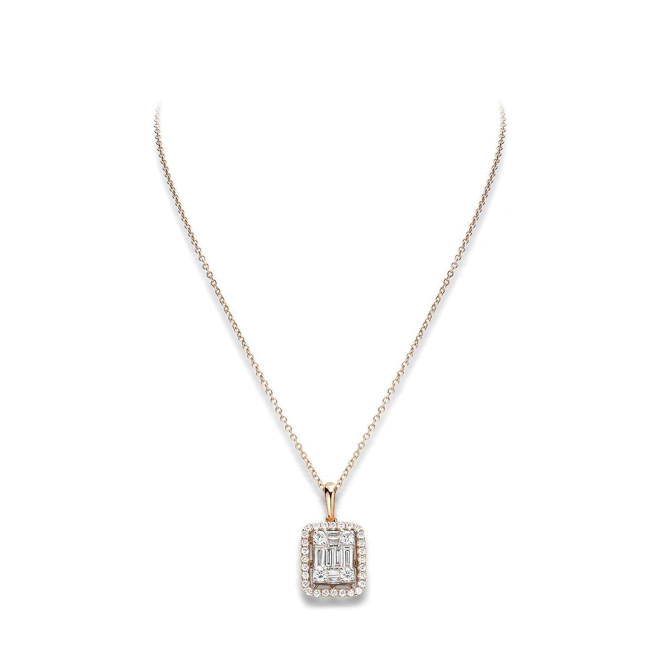 Pendant in 18kt pink gold set with 32 diamonds 0.35 cts and 8 baguette cut diamonds 0.26 cts        