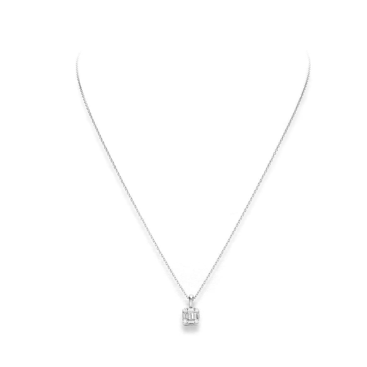 Pendant in 18kt white gold set with 4 diamonds 0.14 cts and 8 baguette cut diamonds 0.35 cts        