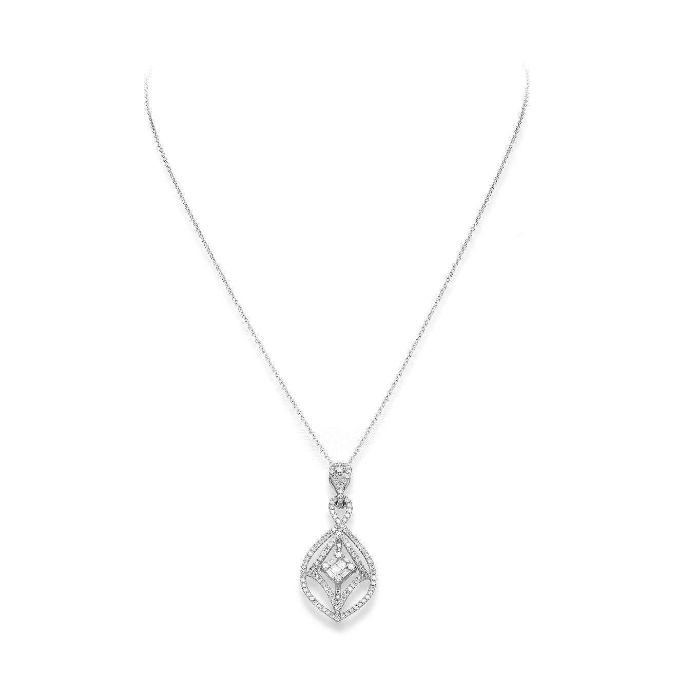Pendant in 18kt white gold set with 115 diamonds 0.95 cts and 6 baguette cut diamonds 0.17 cts       