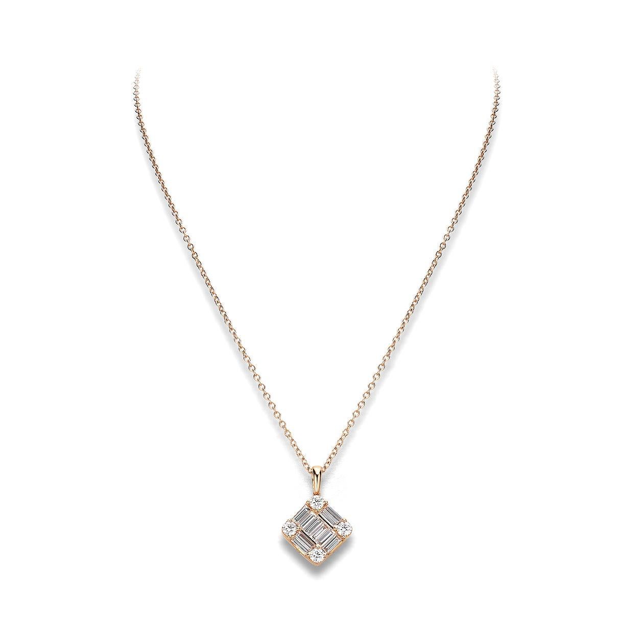 Pendant in 18kt pink gold set with 4 diamonds 0.39 cts and 10 baguette cut diamonds 0.74 cts         