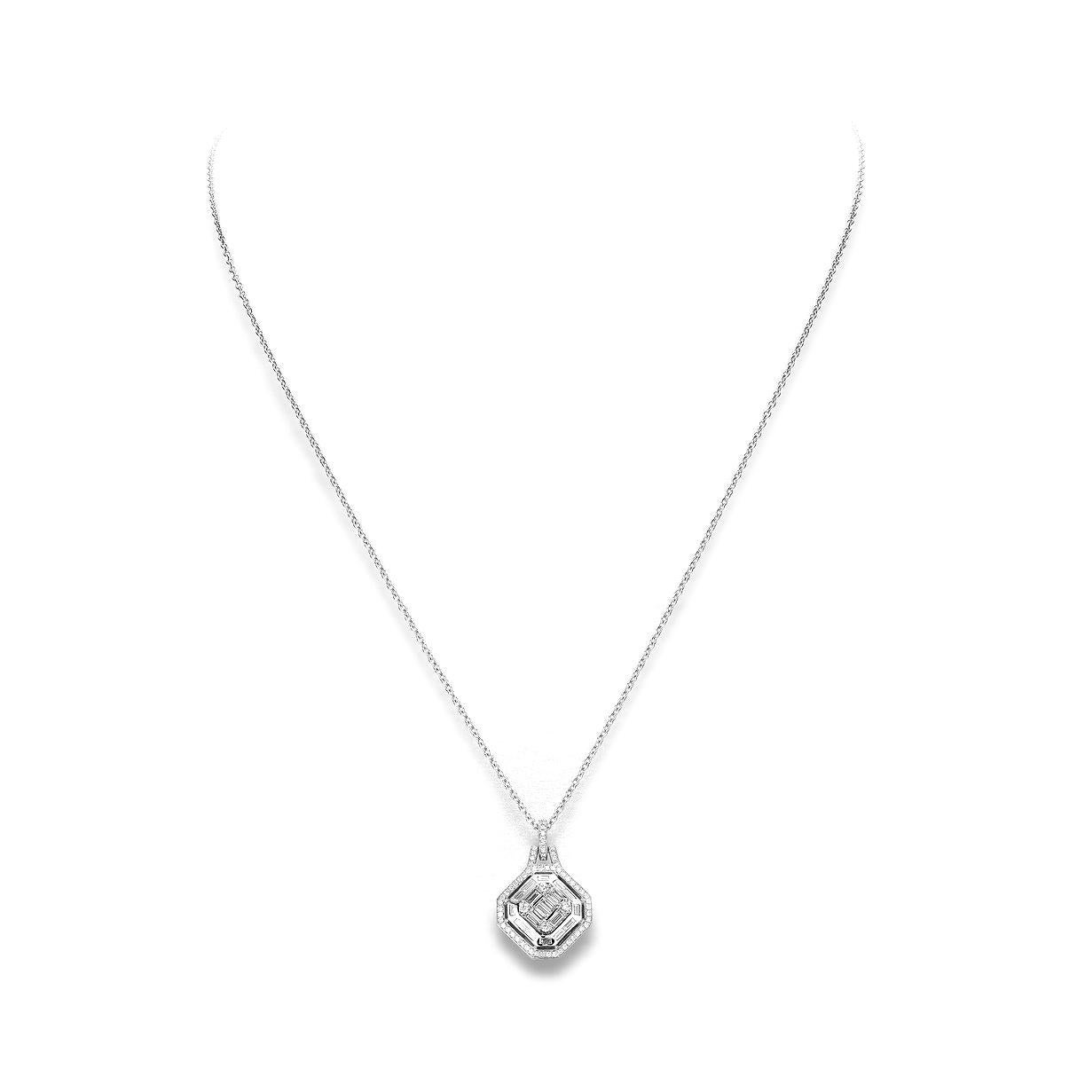 Pendant in 18kt white gold set with 65 diamonds 0.40 cts and 20 baguette cut diamonds 0.63 cts   