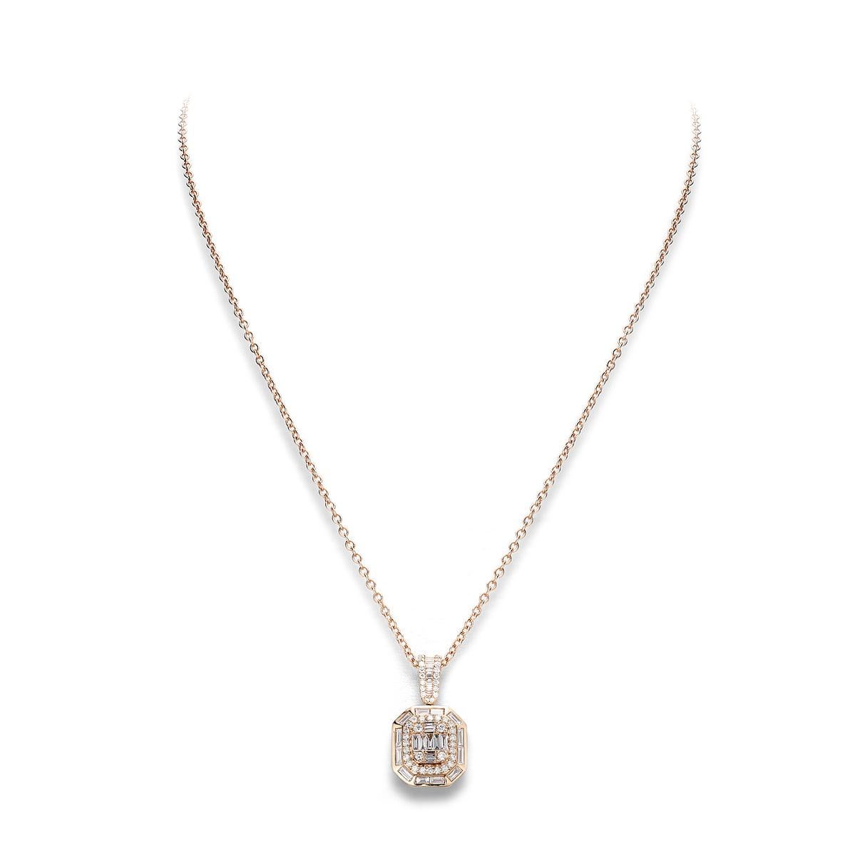 Pendant in 18kt pink gold set with 46 diamonds 0.67 cts and 32 baguette cut diamonds 0.67 cts        