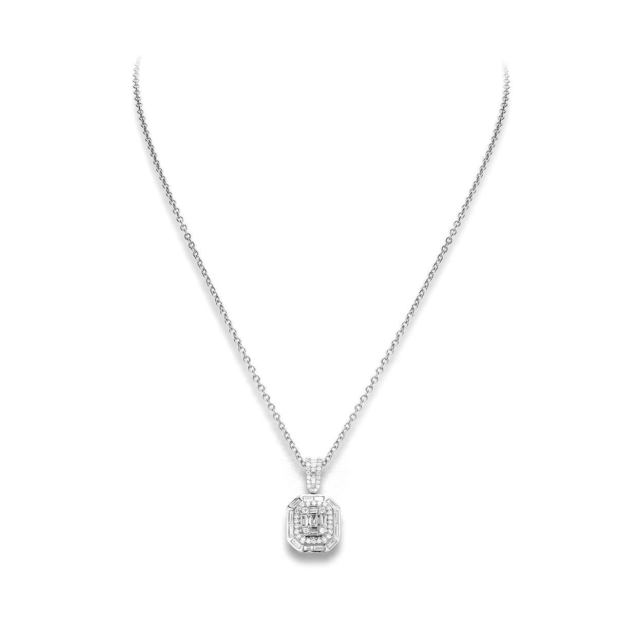 Pendant in 18kt white gold set with 46 diamonds 0.36 cts and 33 baguette cut diamonds 0.70 cts       