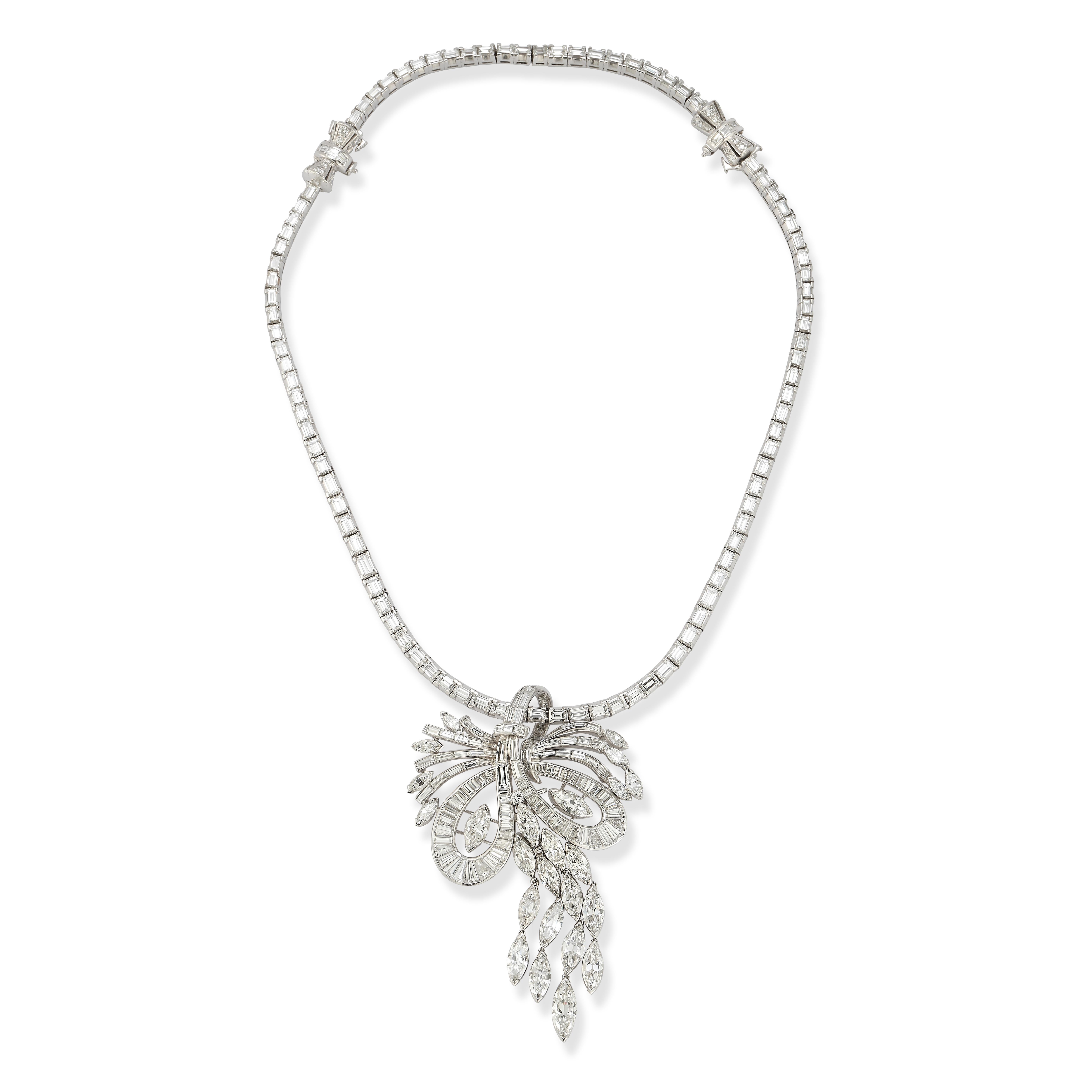 Diamond Pendant Necklace

A tennis necklace featuring baguette & round cut diamonds & two diamond bow motif clasps. The pendant set with baguette & marquise diamonds is removable as a brooch. 

Necklace Carat Weight: approximately 13.95