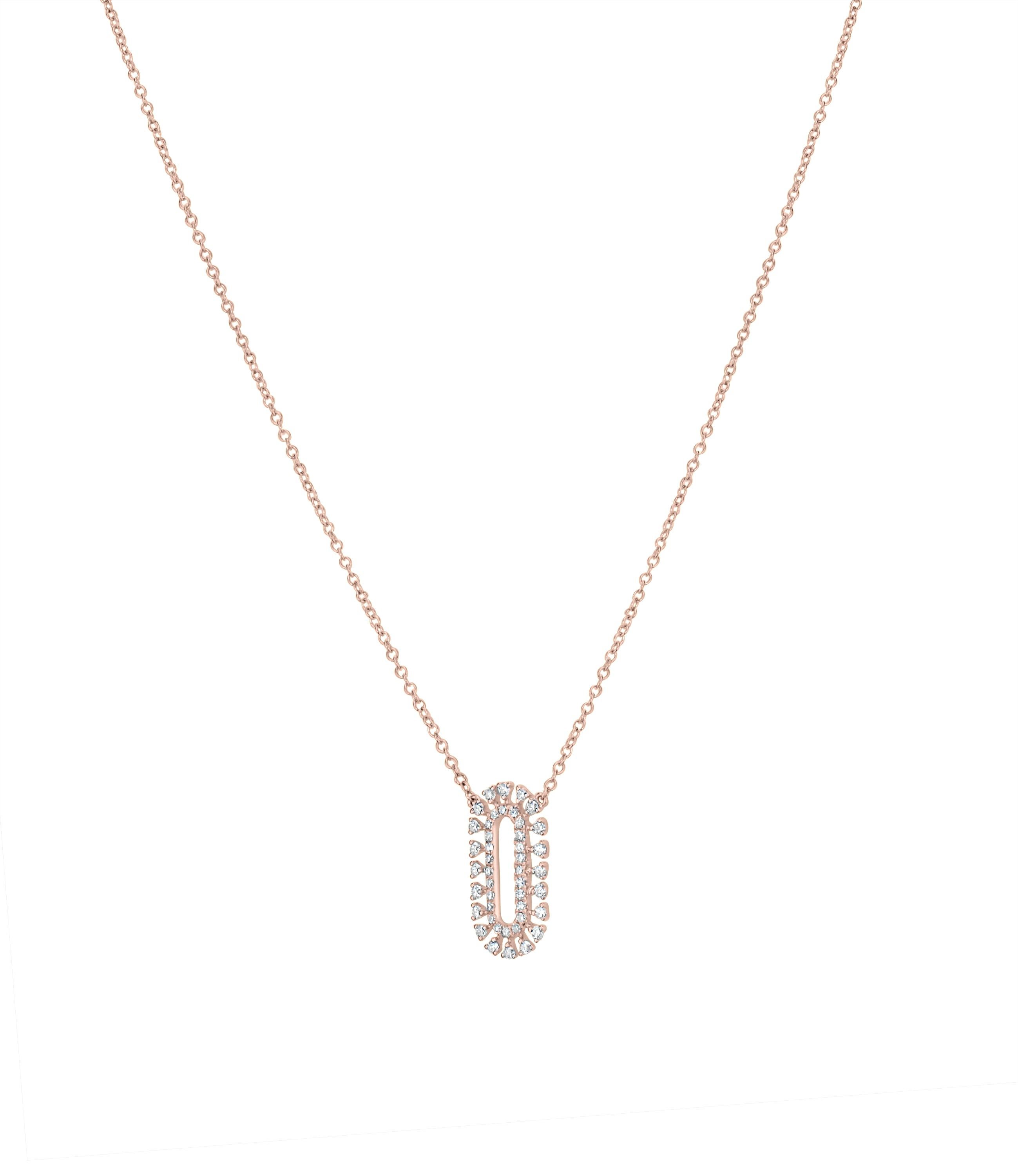 Freshen up your looks with this delicate necklace featuring an openwork oval pendant embellished with pave set diamonds suspended from a cable chain of 18K rose gold.
JEWELRY SPECIFICATION:
Approx. Metal Weight: 2.07 gram
Approx. Diamond Weight: