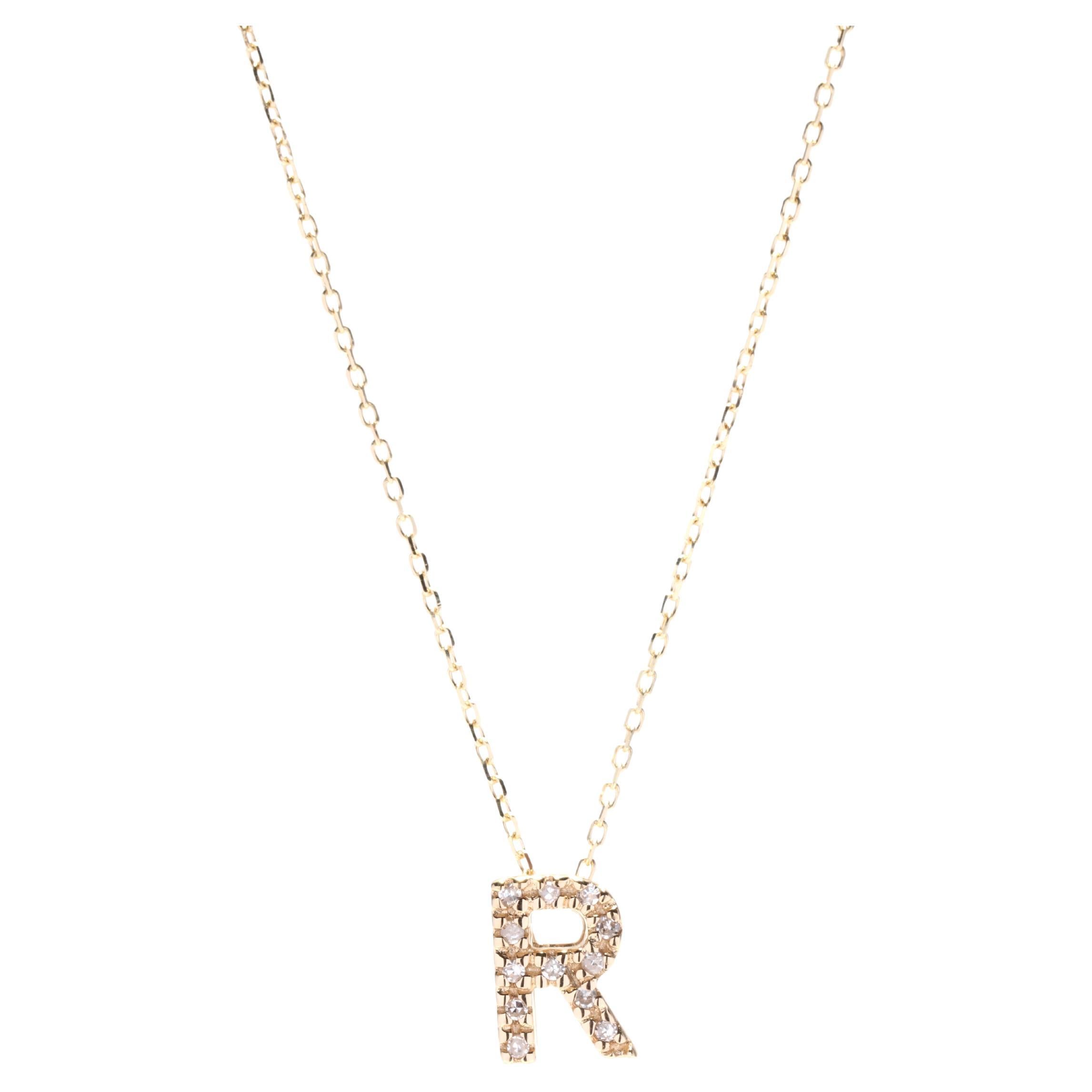 Diamond Pendant Necklace Initial R, 14K Yellow Gold, Length 16 Inches