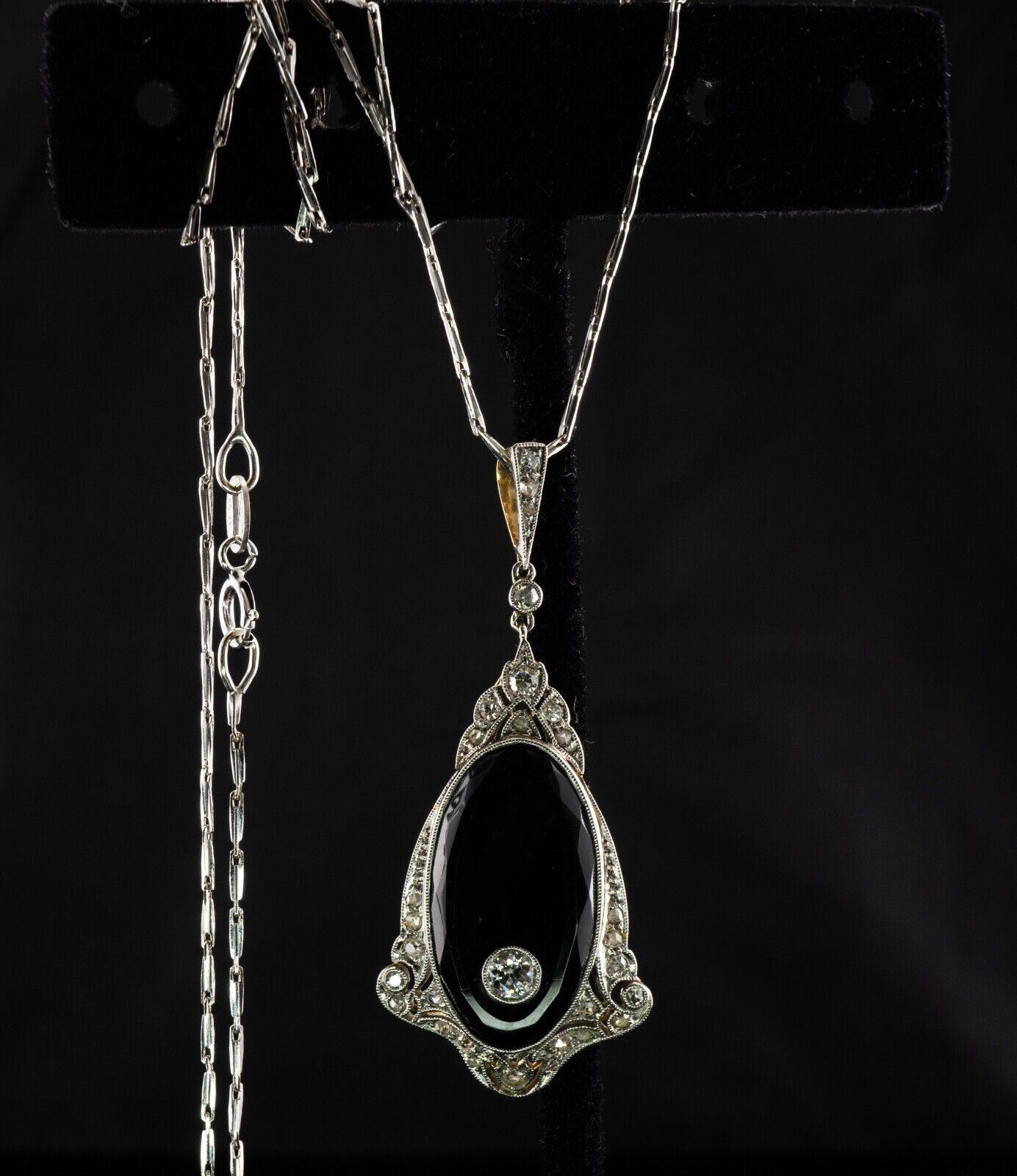 Diamond Pendant Necklace Onyx 14K Gold Art Deco im Angebot 5