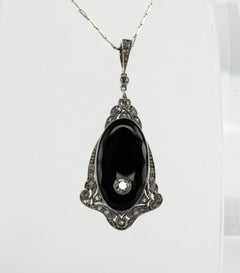 Diamond Pendant Necklace Onyx 14K Gold Art Deco