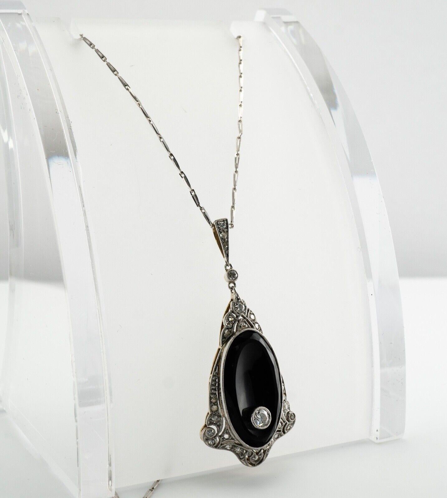 Diamond Pendant Necklace Onyx 14K Gold Art Deco im Angebot 2