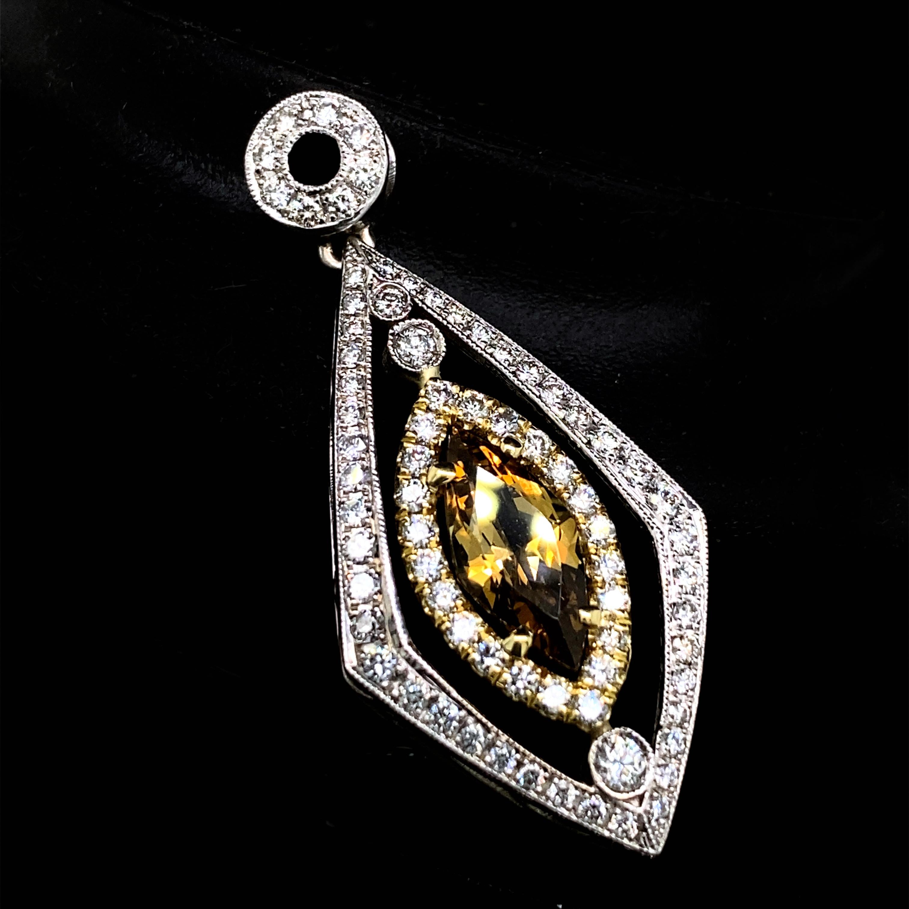 Contemporary Diamond Pendant with 1.5 Carat Chrysoberyl on Omega Chain in White & Yellow Gold For Sale