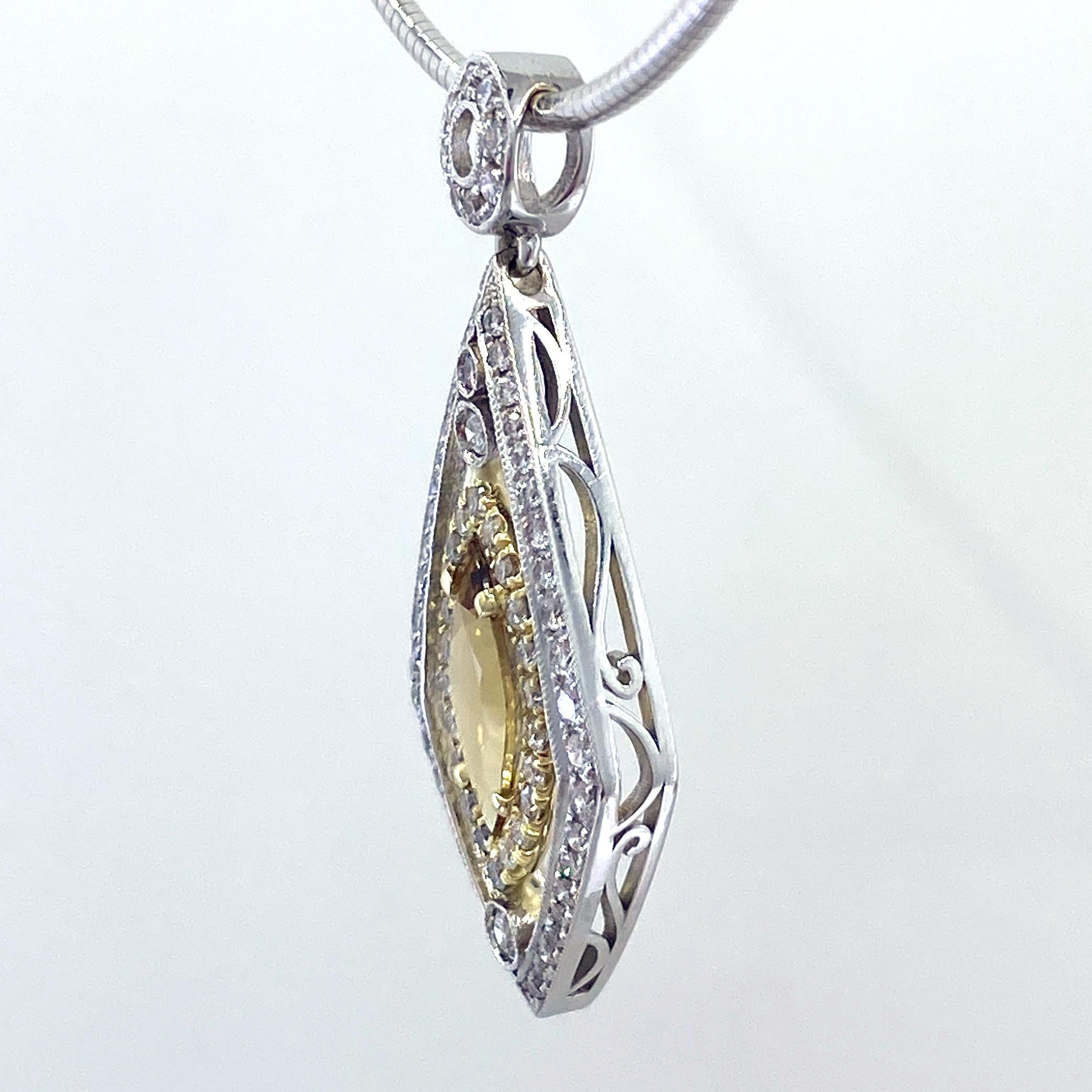 Mixed Cut Diamond Pendant with 1.5 Carat Chrysoberyl on Omega Chain in White & Yellow Gold For Sale
