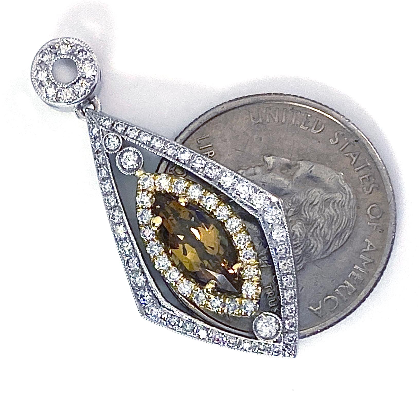 Diamond Pendant with 1.5 Carat Chrysoberyl on Omega Chain in White & Yellow Gold For Sale 1