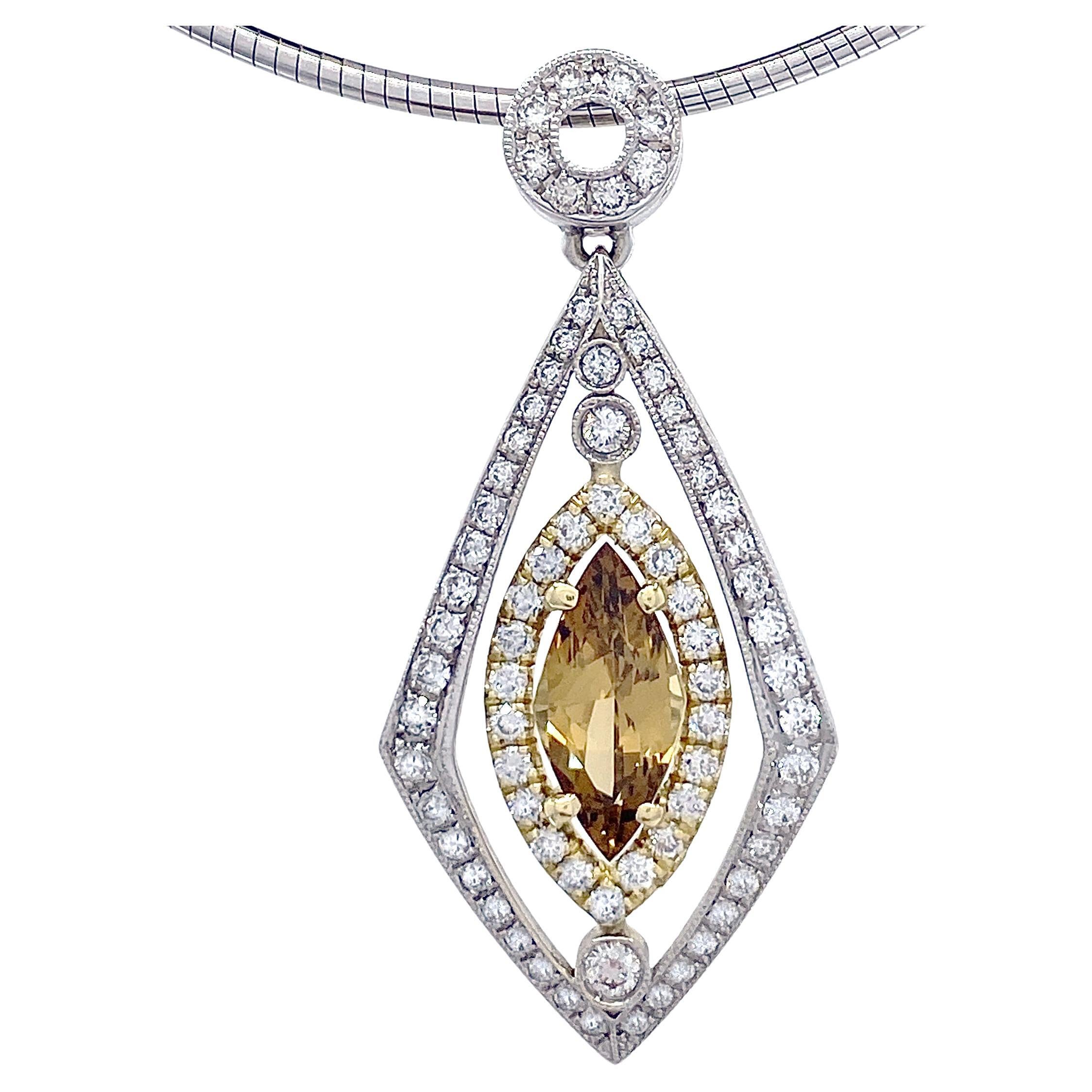 Diamond Pendant with 1.5 Carat Chrysoberyl on Omega Chain in White & Yellow Gold For Sale