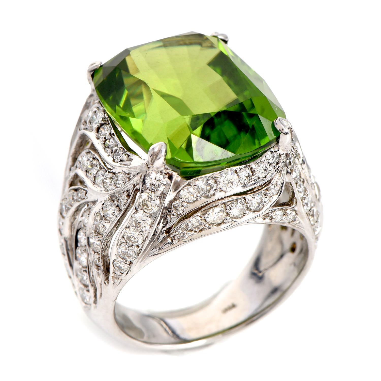 Modern Diamond Peridot 18K White Gold Leaf Cocktail Ring For Sale