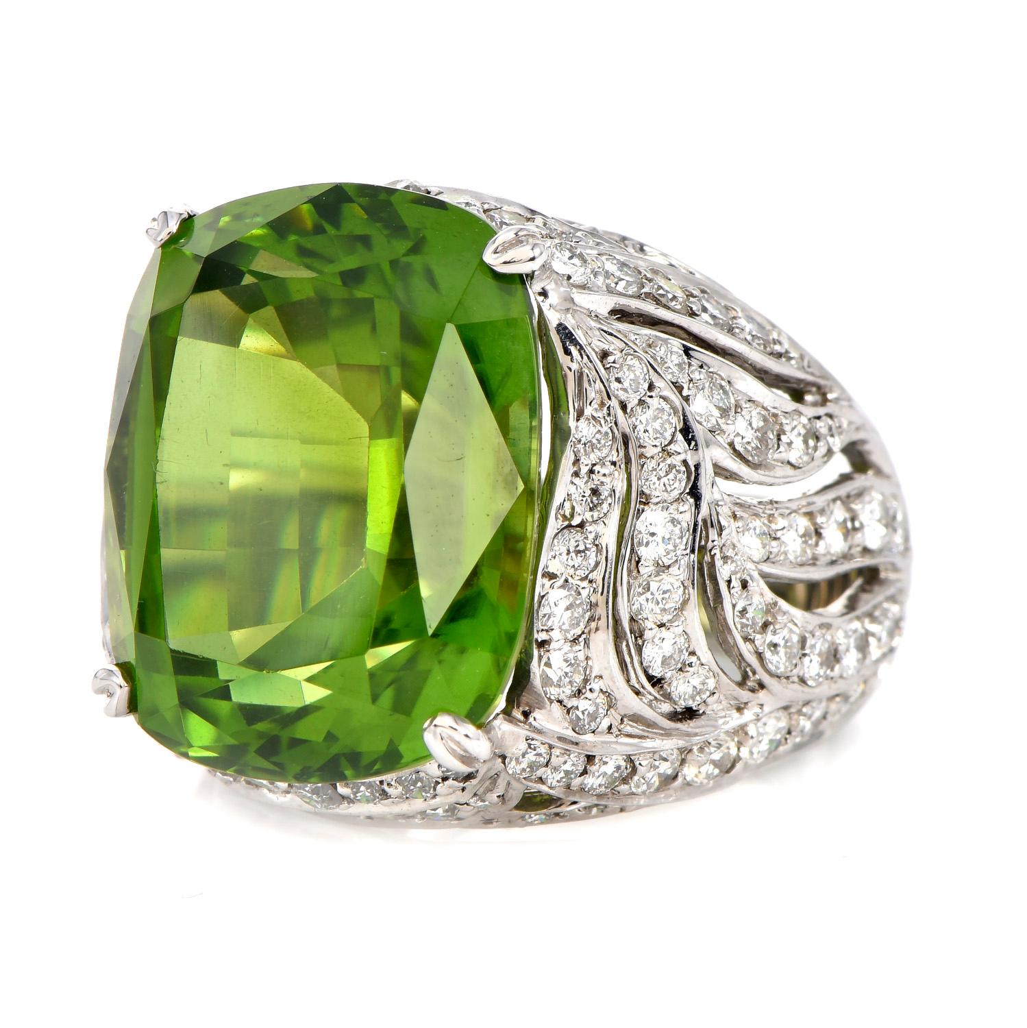 Oval Cut Diamond Peridot 18K White Gold Leaf Cocktail Ring For Sale