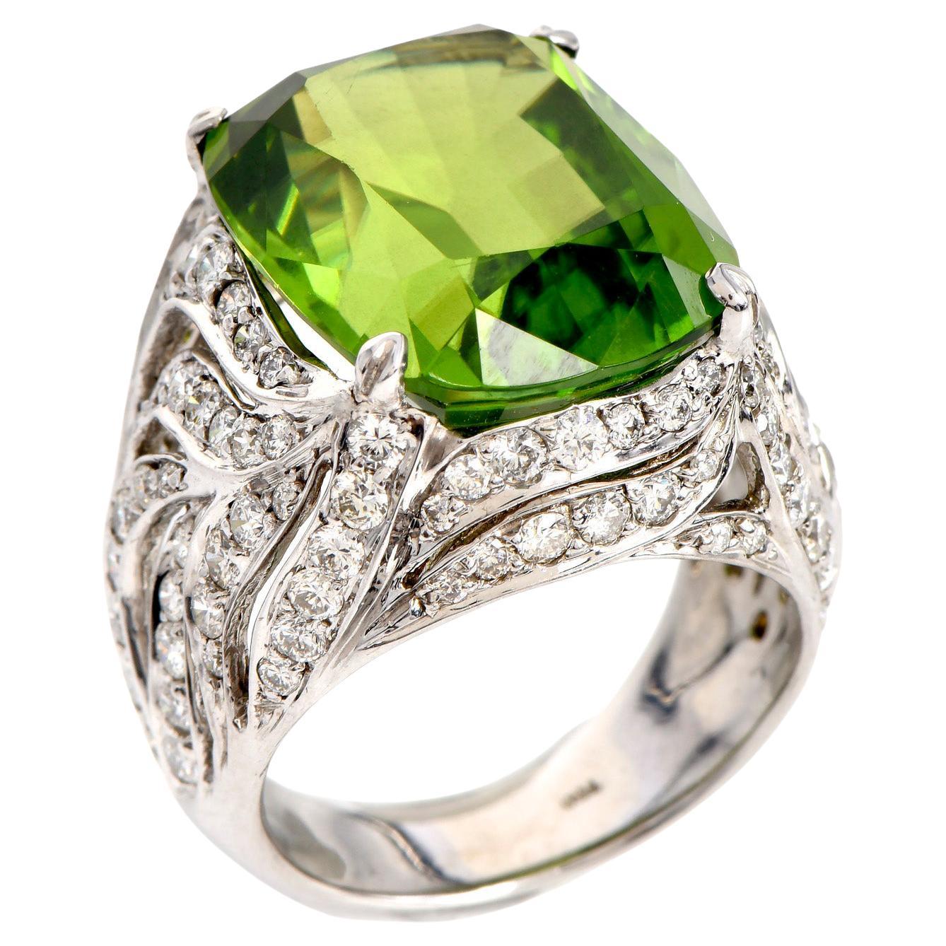 Diamond Peridot 18K White Gold Leaf Cocktail Ring For Sale