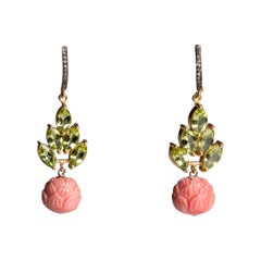 Diamond, Peridot and Coral Dangle Drop Earrings