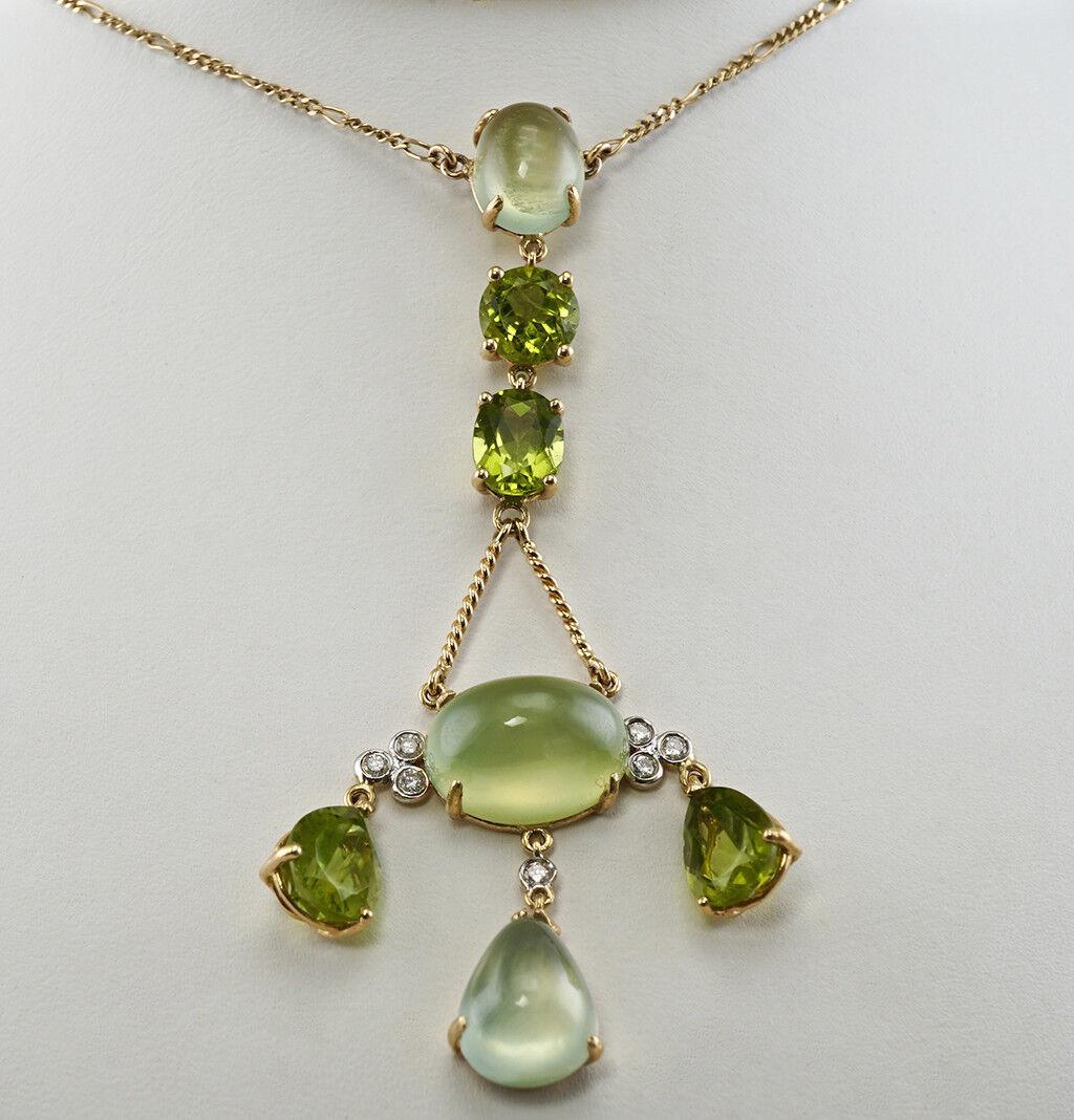 Mixed Cut Diamond Peridot Chalcedony Necklace 18K Gold For Sale