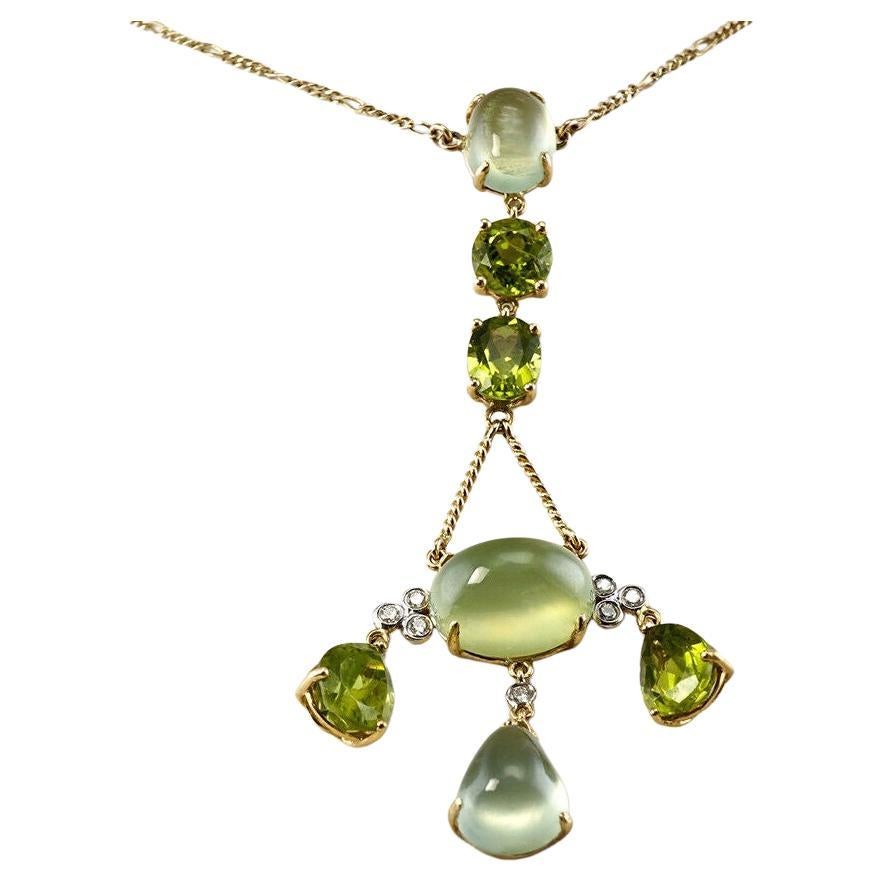 Diamond Peridot Chalcedony Necklace 18K Gold For Sale