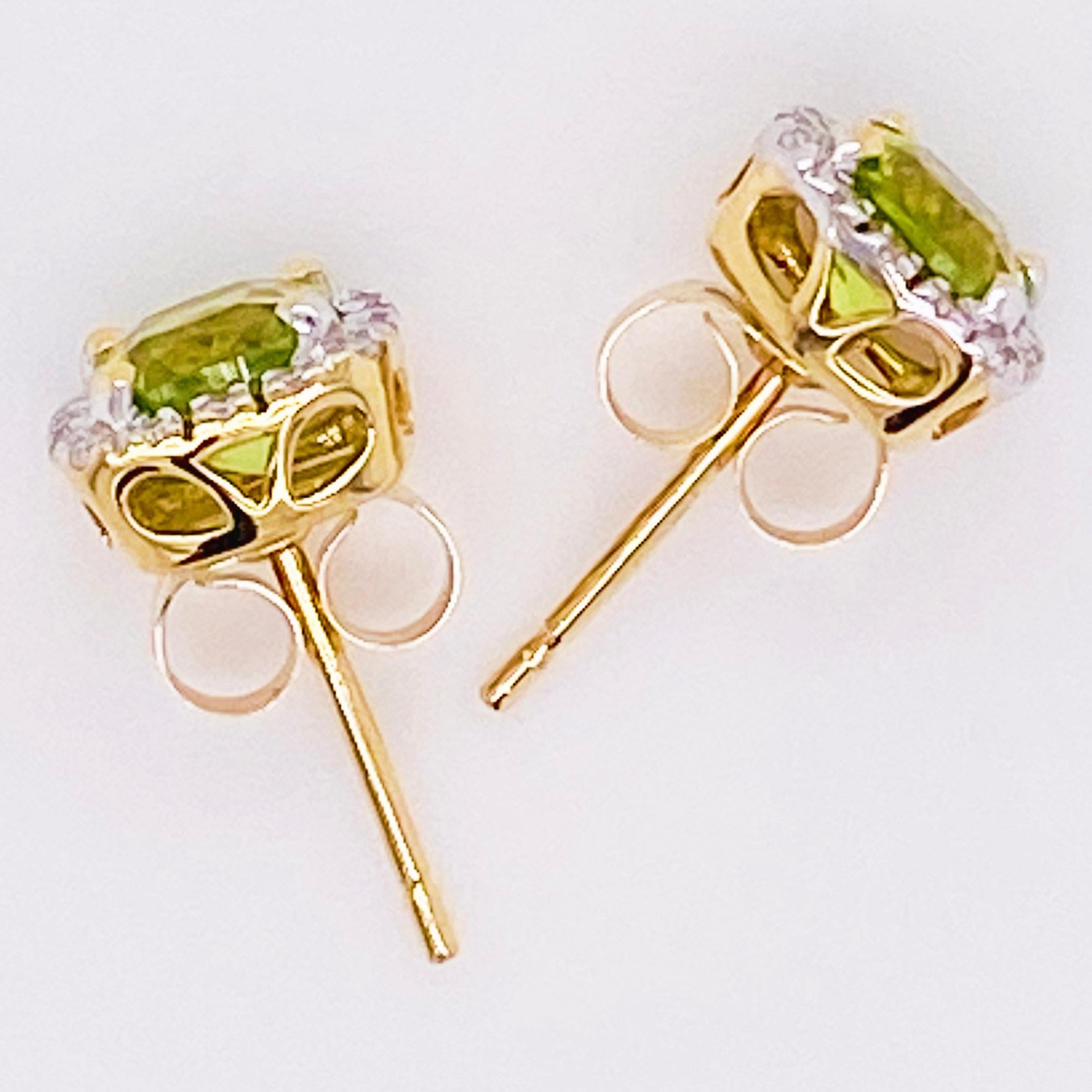 Women's Diamond Peridot Earrings Cushion Peridot Diamond Halo 14 Karat Yellow Gold Studs