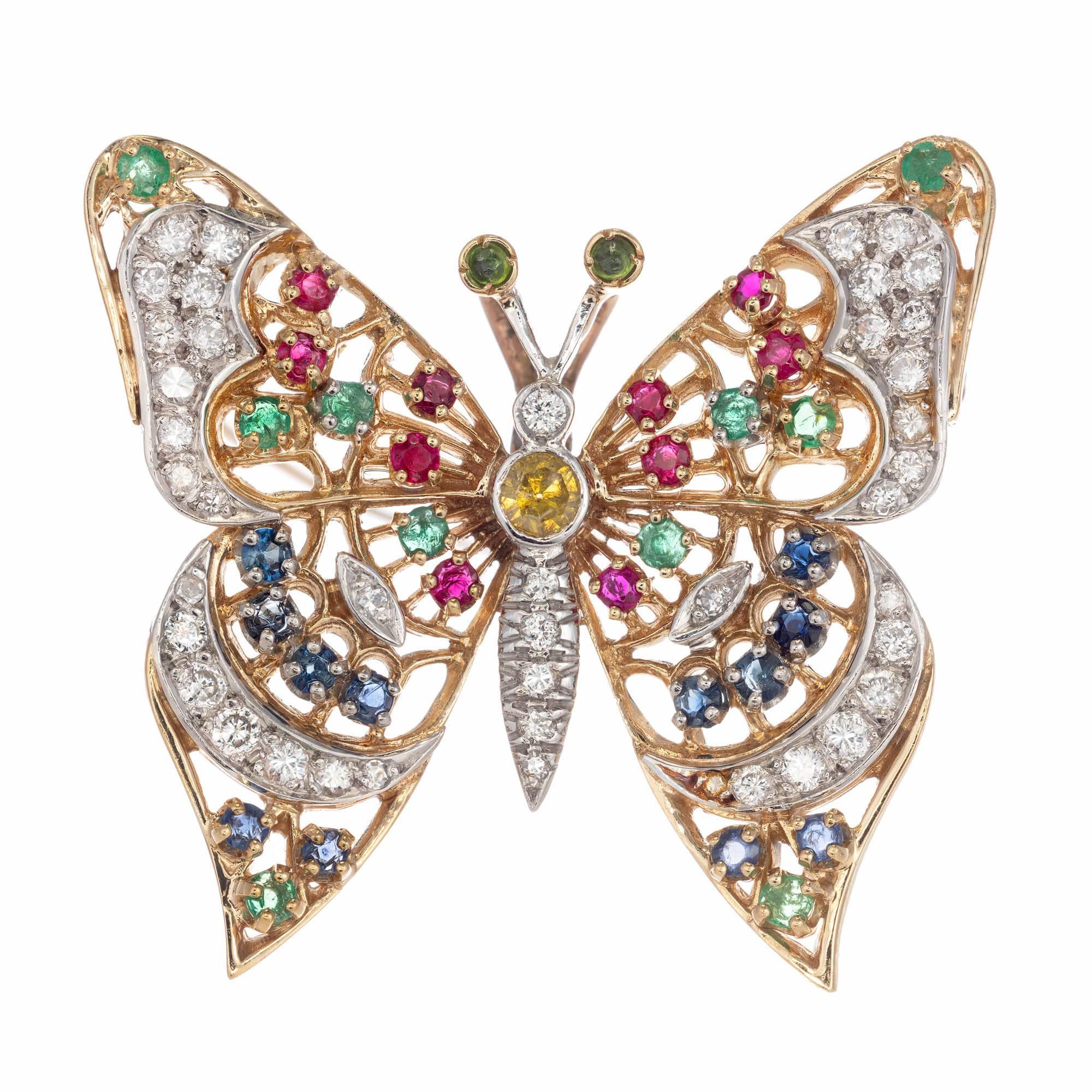 Diamond Peridot Emeralds Ruby Sapphire Gold Butterfly Brooch