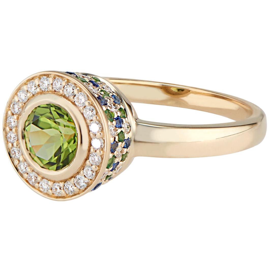 Diamond Peridot, Tsavorite and Sapphire Ring For Sale
