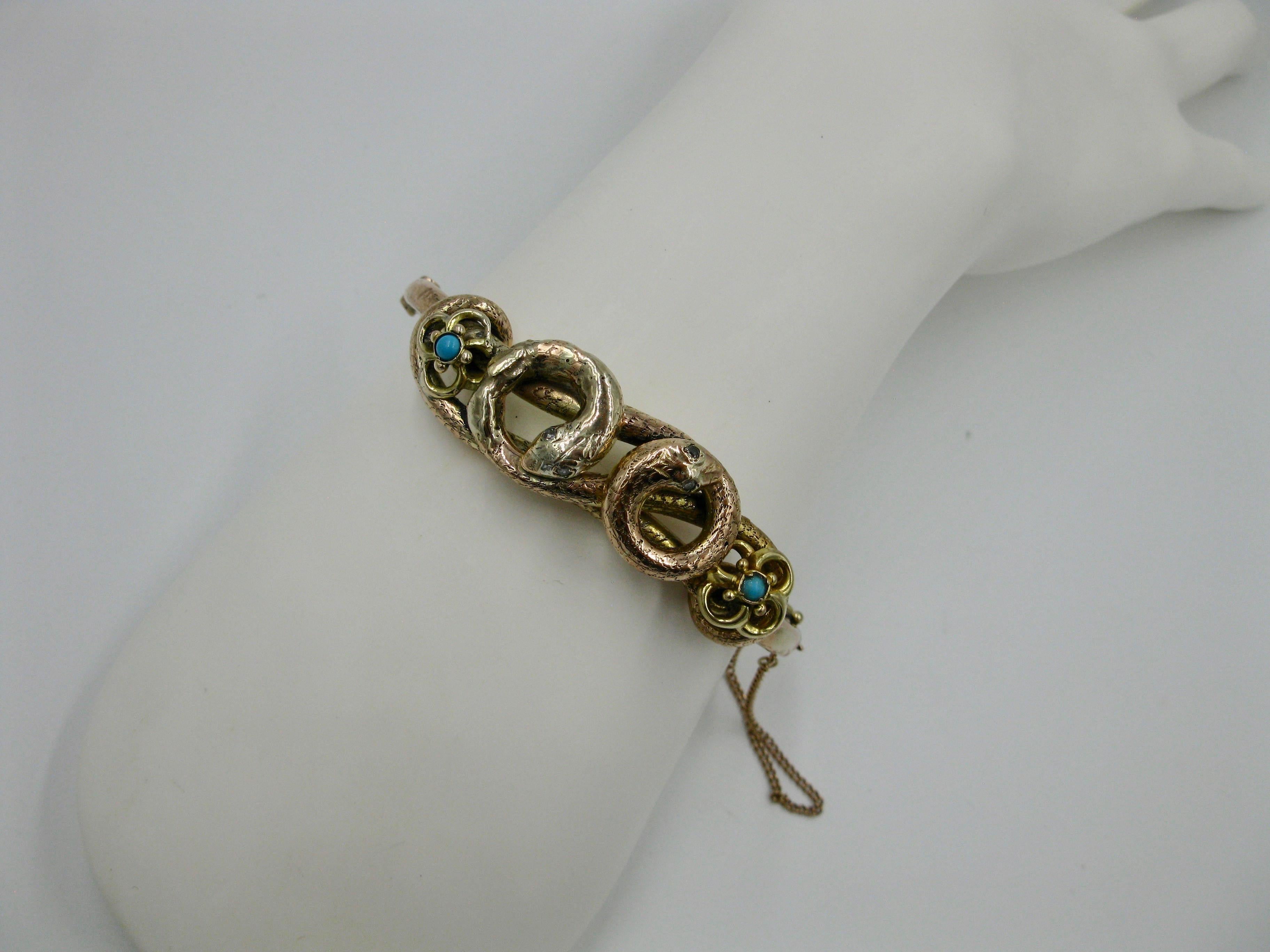 Bracelet serpent victorien en or avec diamants et turquoises persanes, serpents entrelacés anciens en vente 4