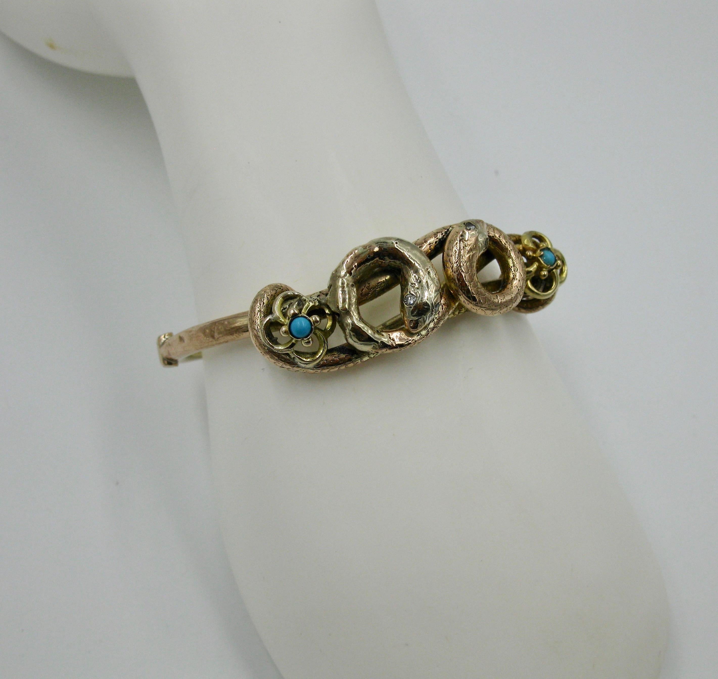 Diamond Persian Turquoise Victorian Snake Bracelet Gold Antique Entwined Snakes For Sale 3