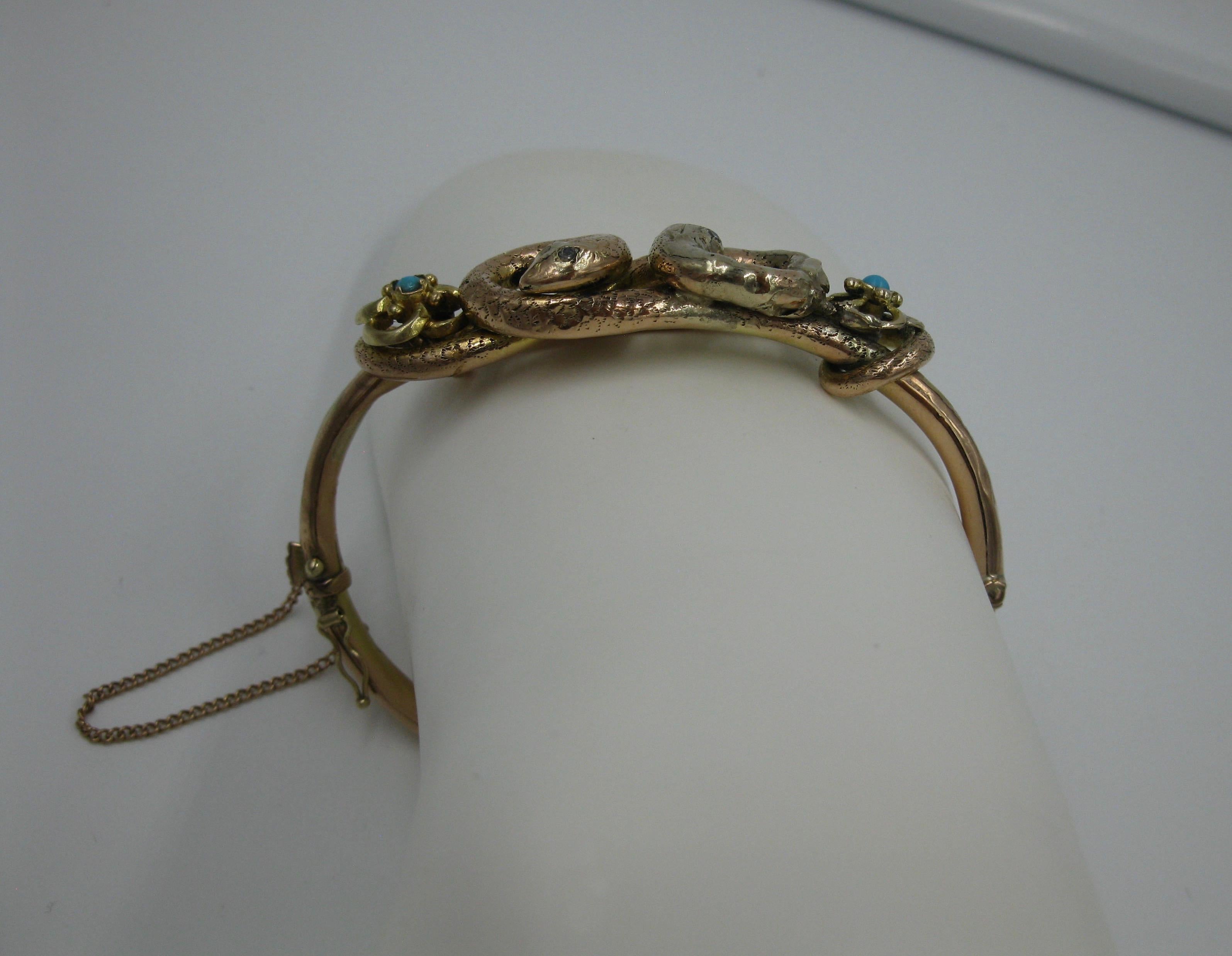 Bracelet serpent victorien en or avec diamants et turquoises persanes, serpents entrelacés anciens en vente 6