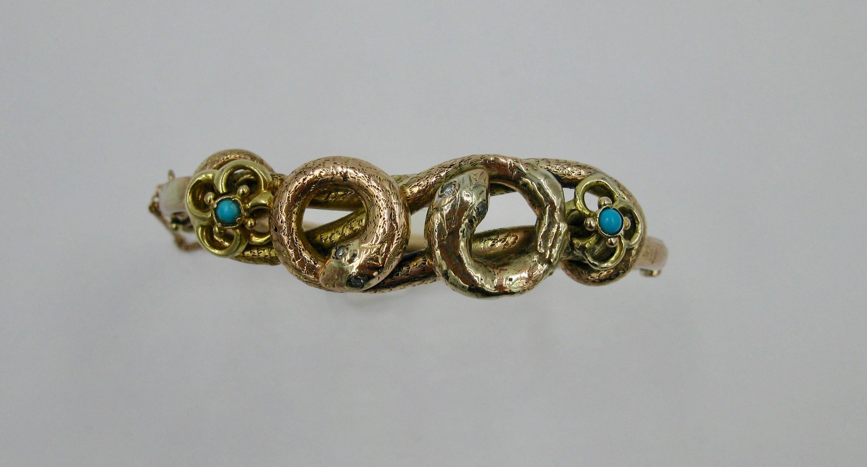 Victorien Bracelet serpent victorien en or avec diamants et turquoises persanes, serpents entrelacés anciens en vente