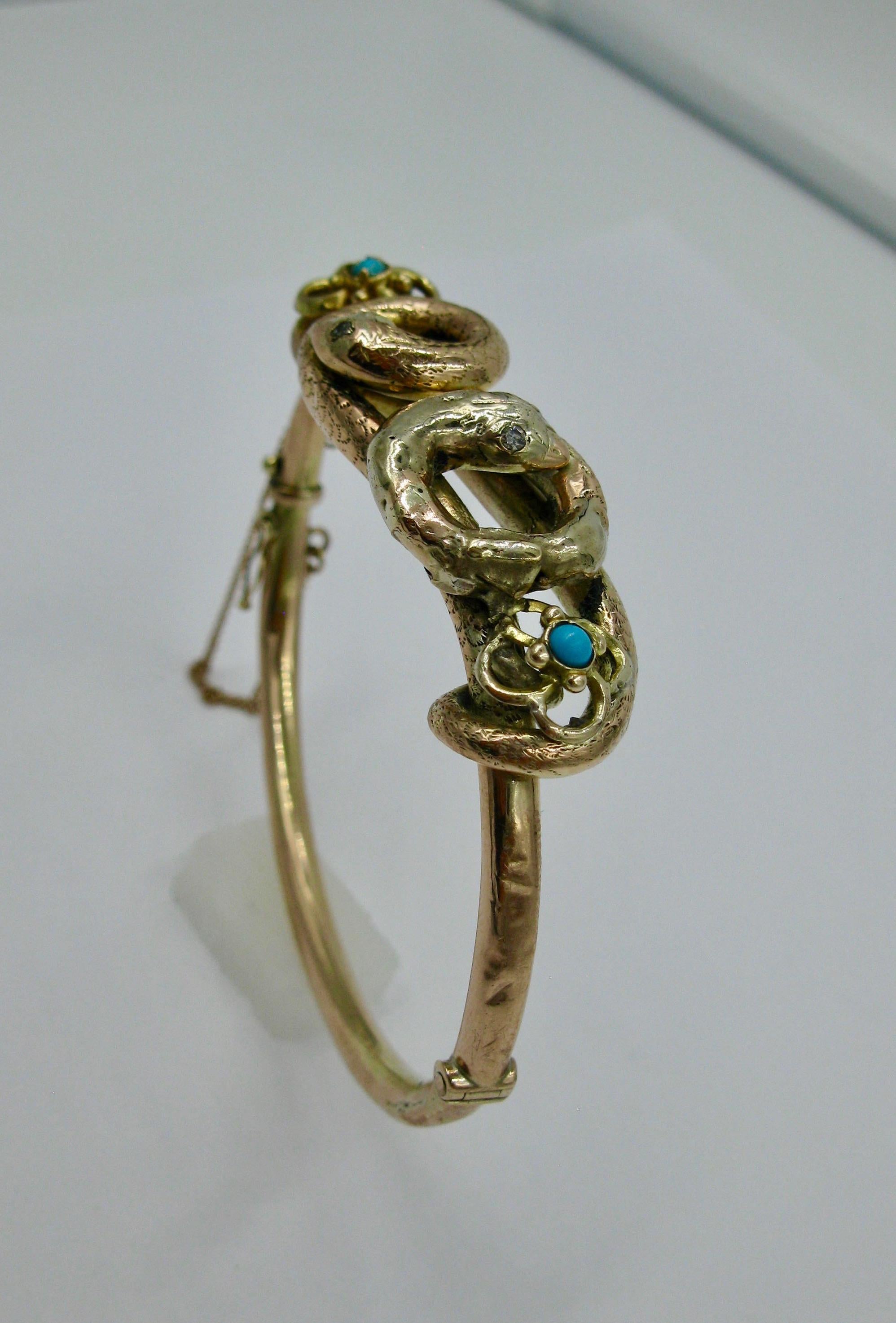 Old Mine Cut Diamond Persian Turquoise Victorian Snake Bracelet Gold Antique Entwined Snakes For Sale