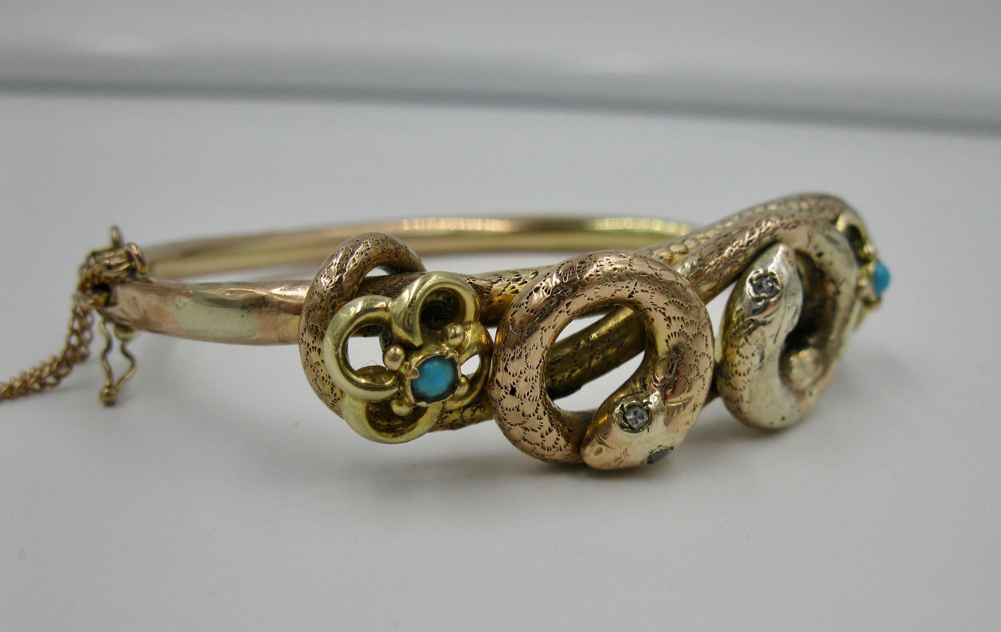 Bracelet serpent victorien en or avec diamants et turquoises persanes, serpents entrelacés anciens en vente 1