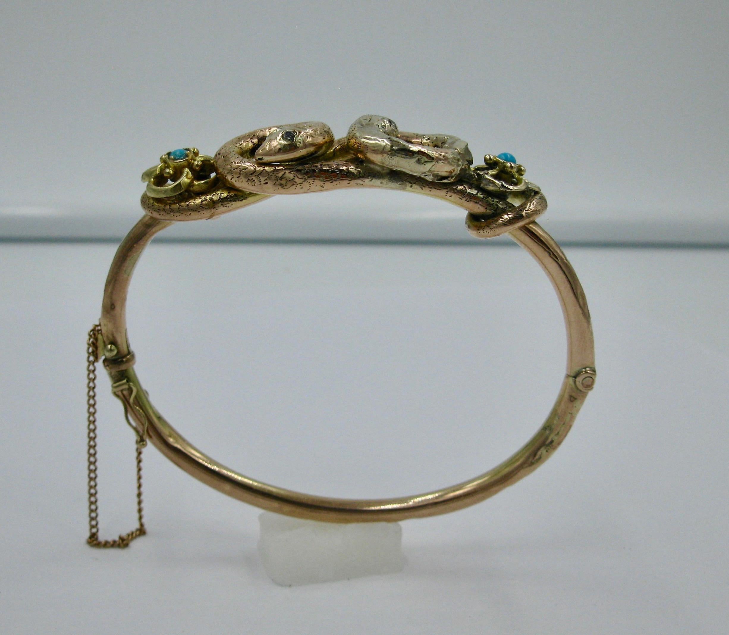 Bracelet serpent victorien en or avec diamants et turquoises persanes, serpents entrelacés anciens en vente 3