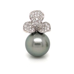 Diamond Petal Floral South Sea Pearl Drop Earrings 0.98 Carat 13-14 MM 18KT