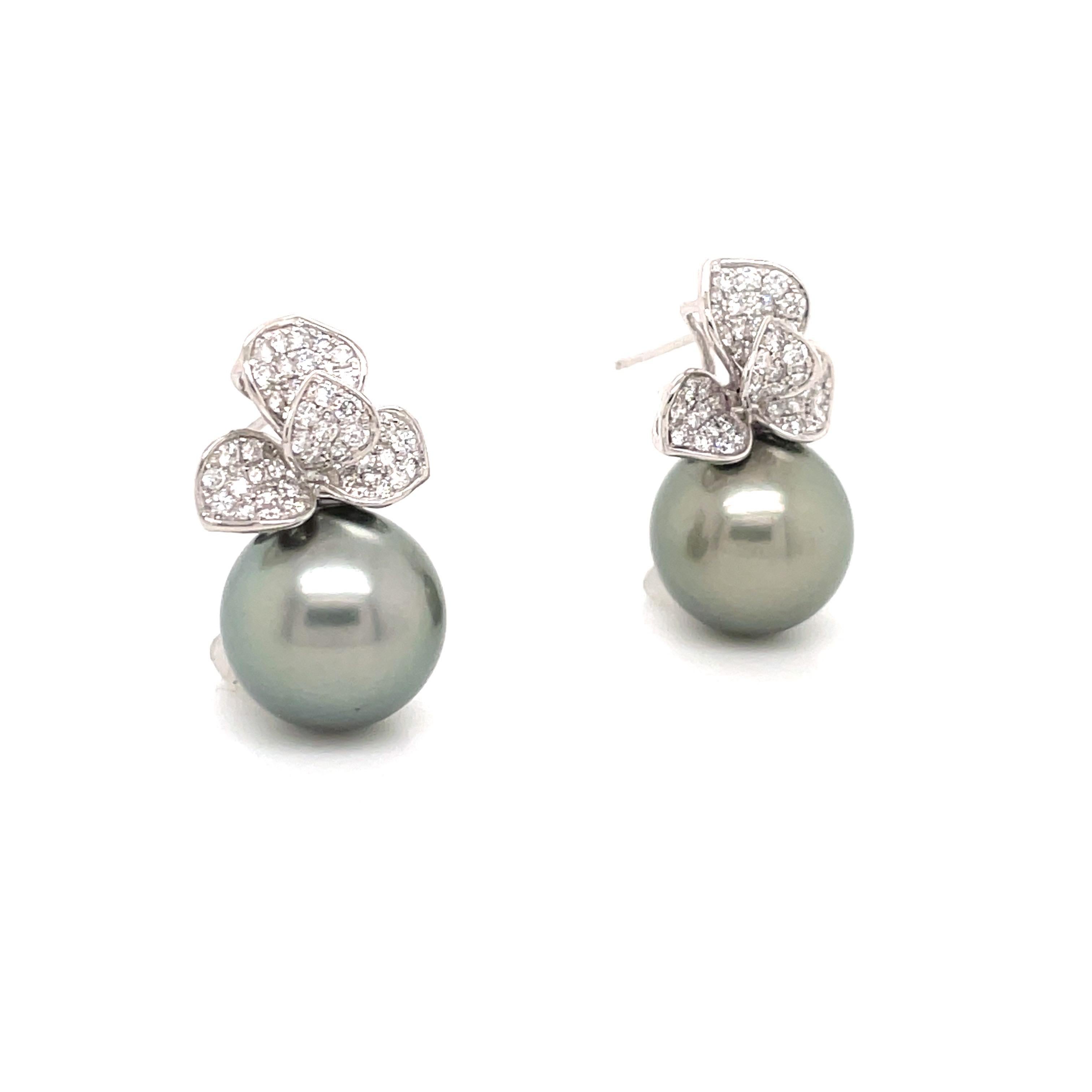 Contemporary Diamond Petal Floral South Sea Pearl Drop Earrings 0.98 Carat 13-14 MM 18KT  For Sale