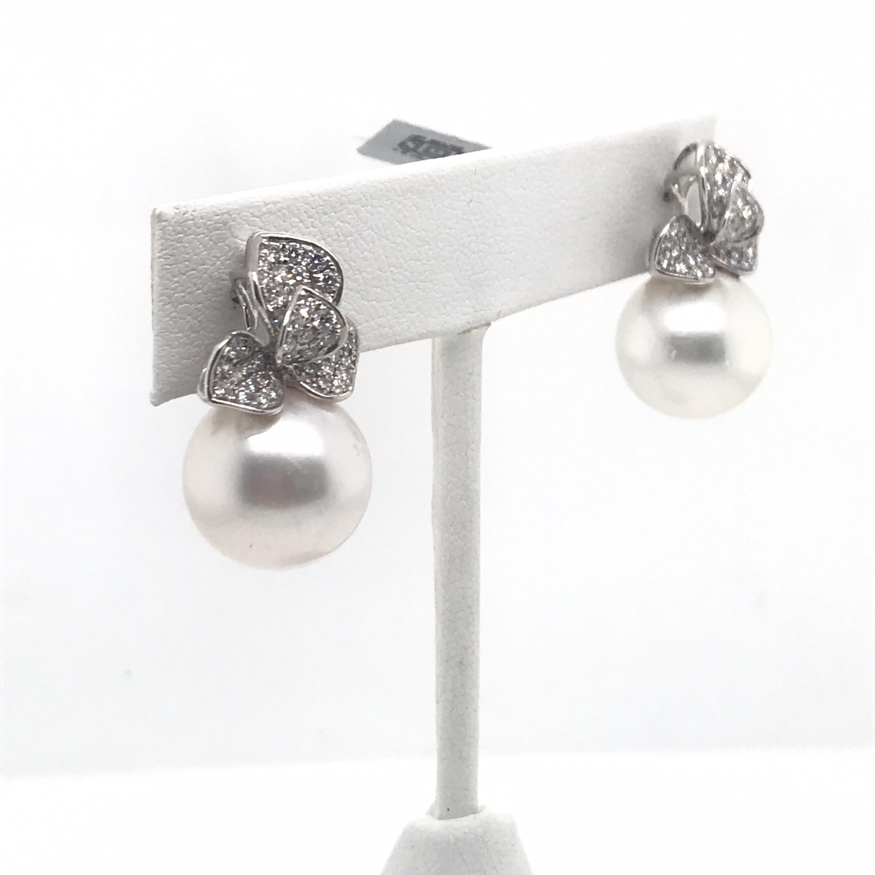 Contemporary Diamond Petal South Sea Pearl Drop Earrings 0.98 Carat 18 Karat White Gold